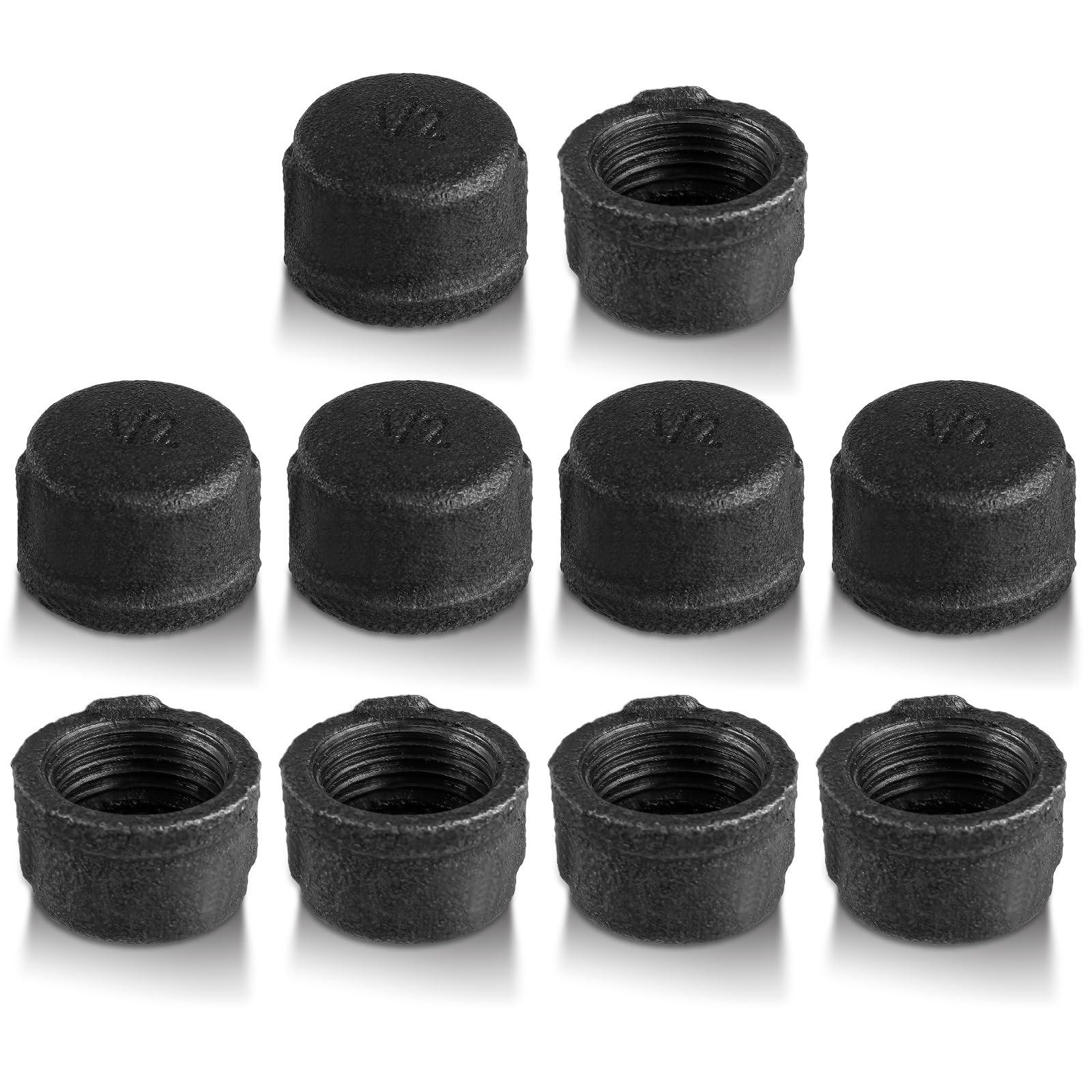 Carbbia Pack of 10 Malleable Iron Cast Pipe Fitting Cap Caps 1/2 Inch, Black