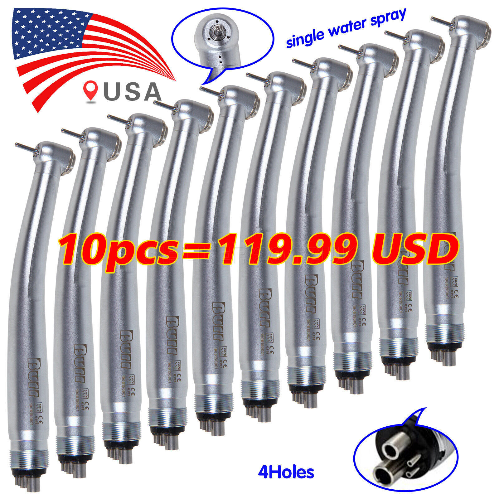 10 Pcs BURR NSK PANA MAX Style Dental High Speed Turbine Handpiece 4Hole U3BM