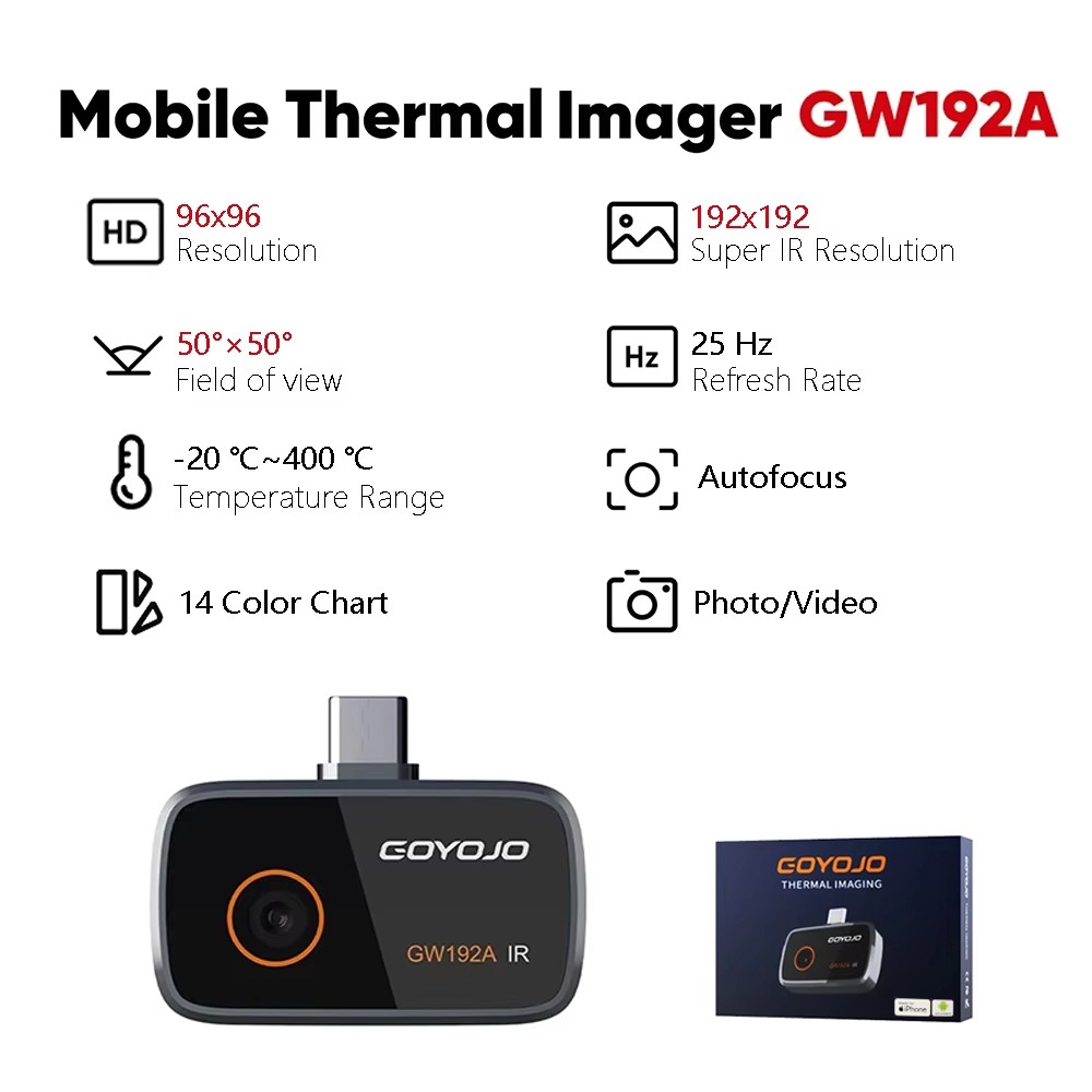 GOYOJO Thermal Imaging Camera for Android/iphone 15/16/17 192×192 IR Resolution