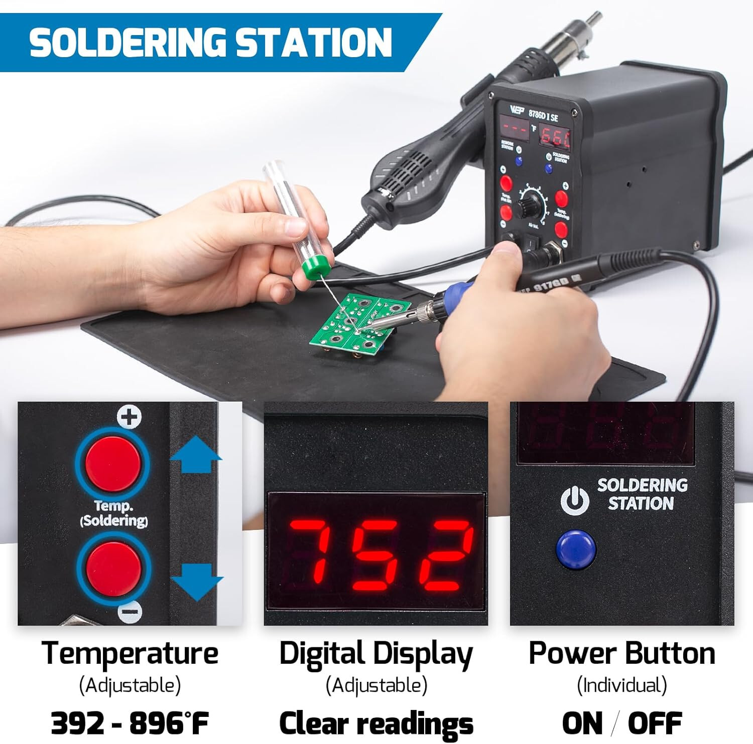 WEP 8786D-I SE Hot Air Soldering Iron Station Kit 2-IN-1 SMD Rework Station Tool
