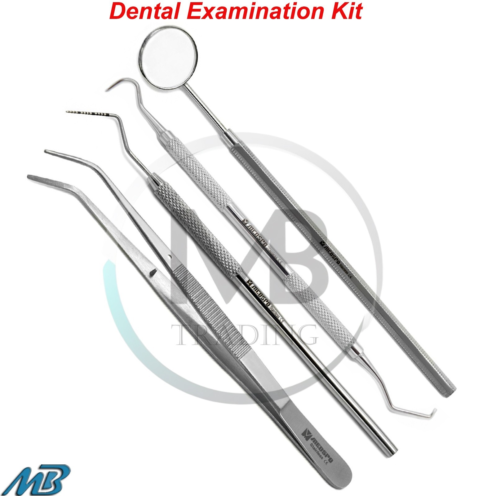 Set of 4 Dental Basic Examination Kit Probe Explorer Tweezer Mirror Handle