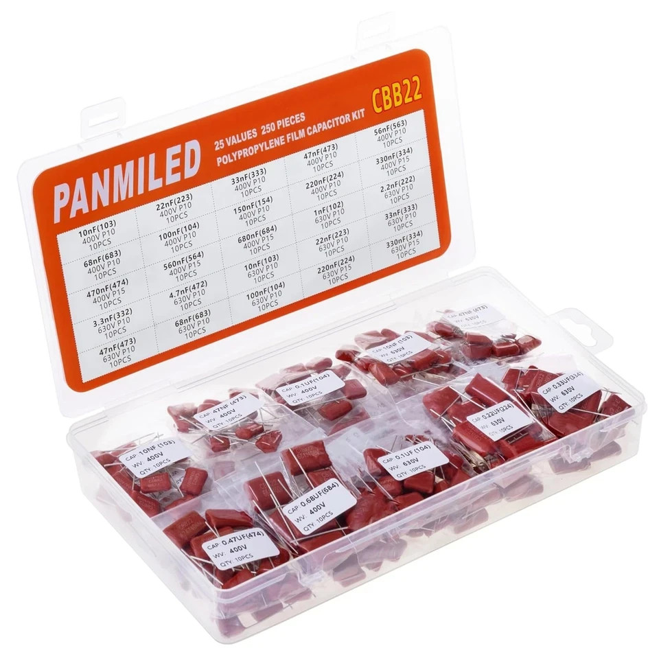25 Values 250 Pieces Metallized Polypropylene Film Capacitor Kit 400V (0.01Uf ~