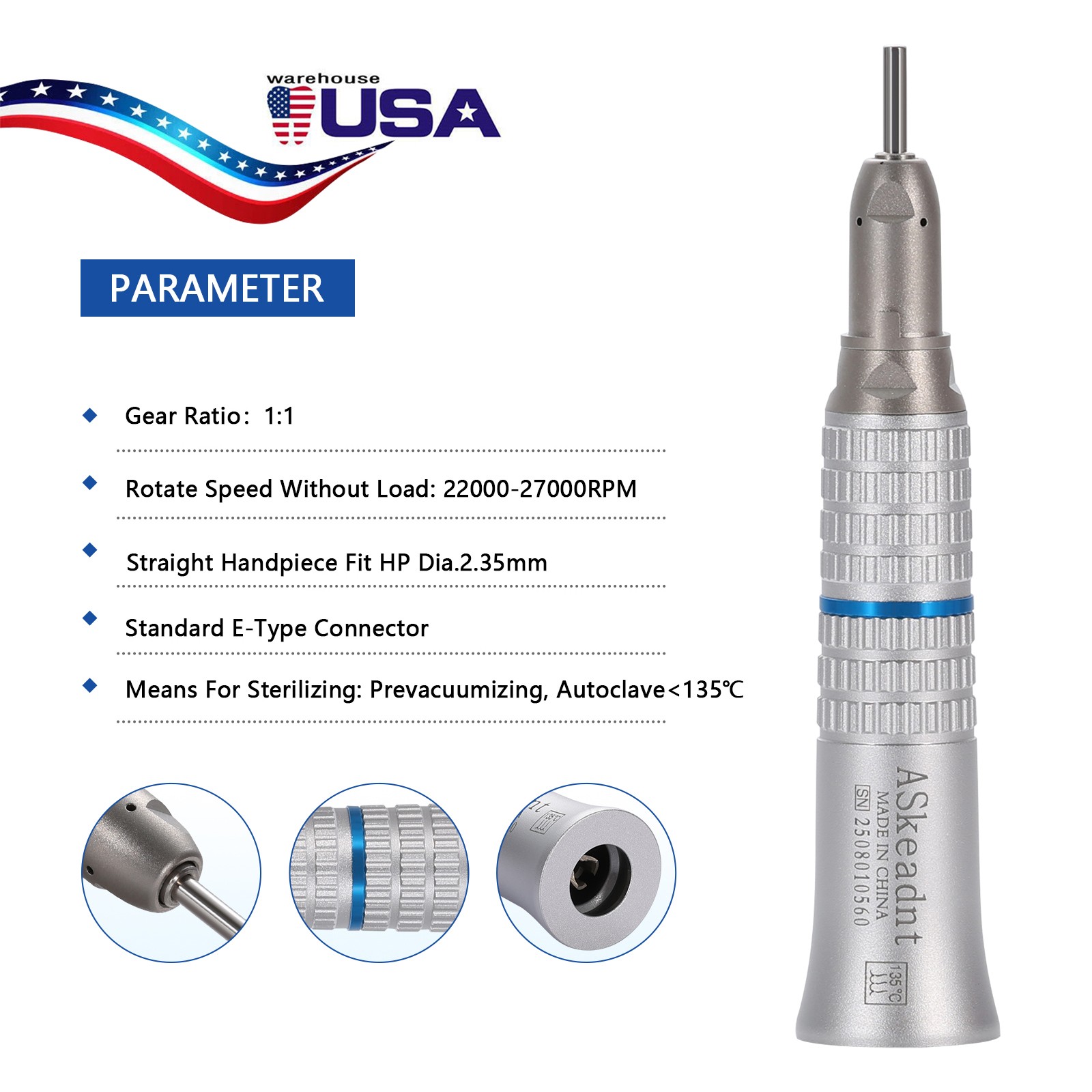 Dental Low Speed handpiece Straight Nose Cone 1:1 Direct Drive YP UPS L