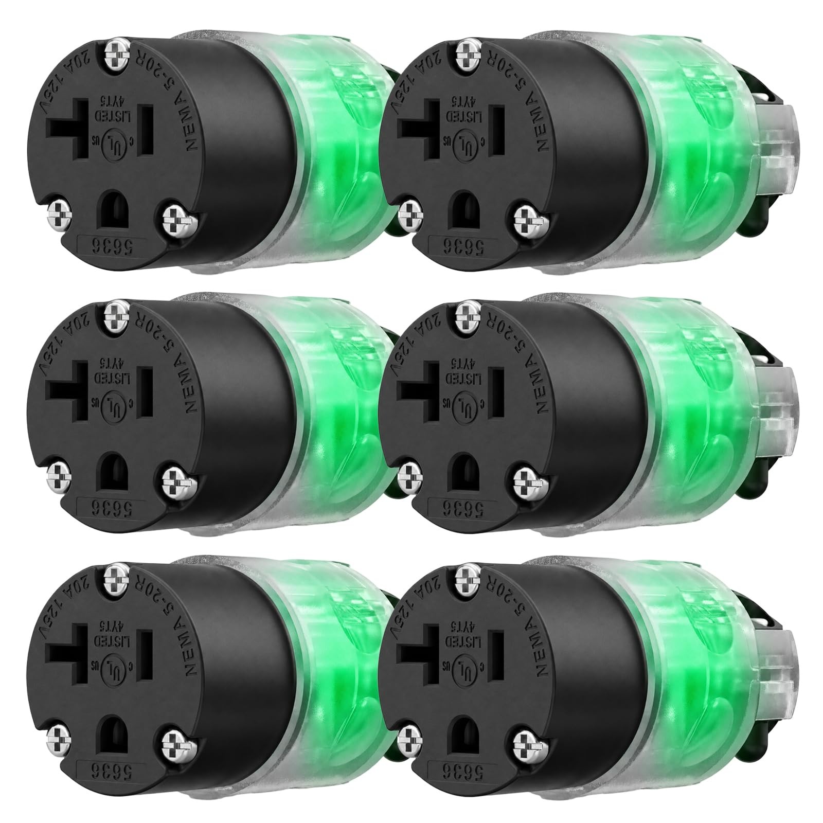 EPLESFTON 6 Pack Lighted Cord End Replacement 20A 125V NEMA 5-20R, 2Pole 3Wir…