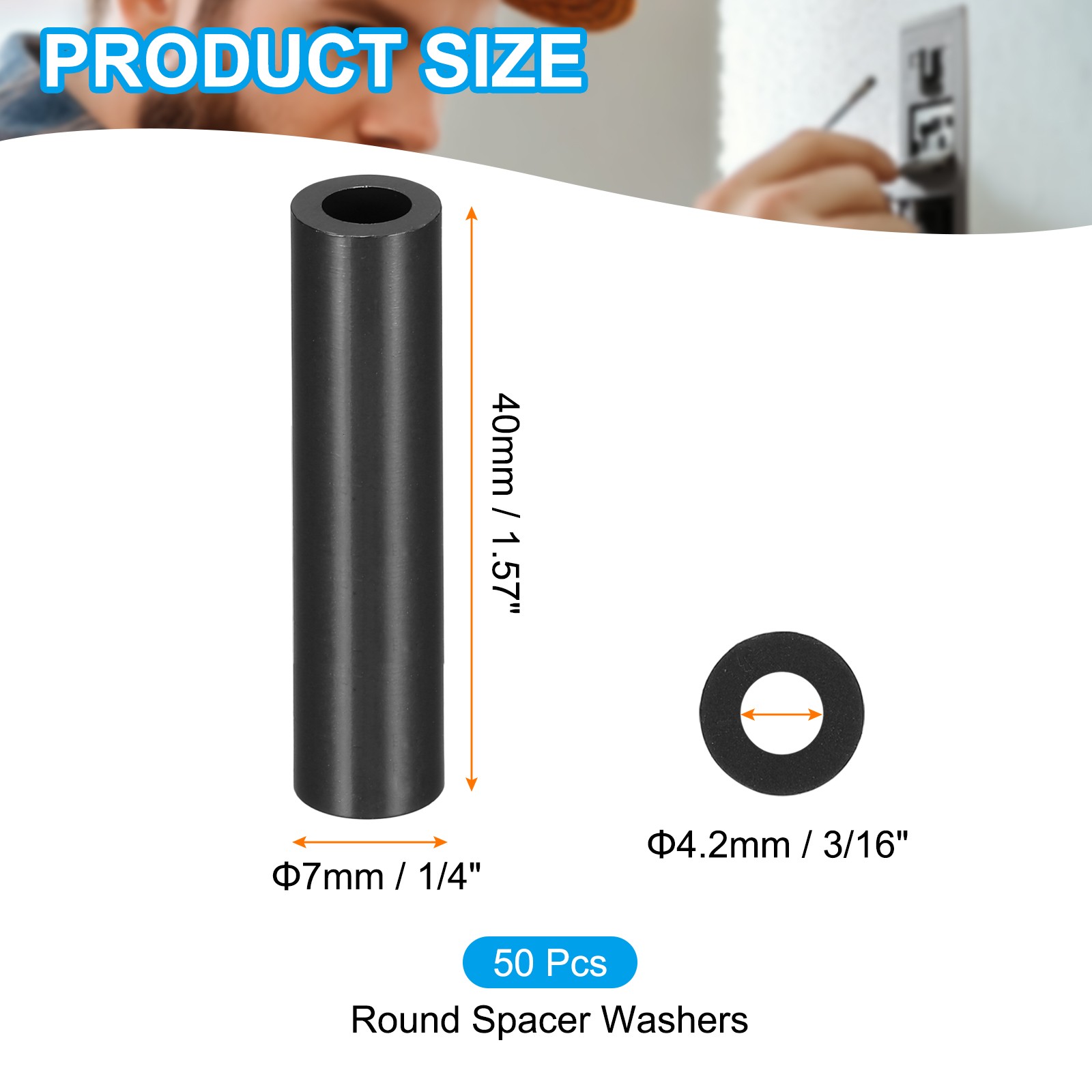M4 Black ABS Spacer Inner Diameter 0.17″, Outer Diameter 0.28″,L 1.57″, 50Pcs