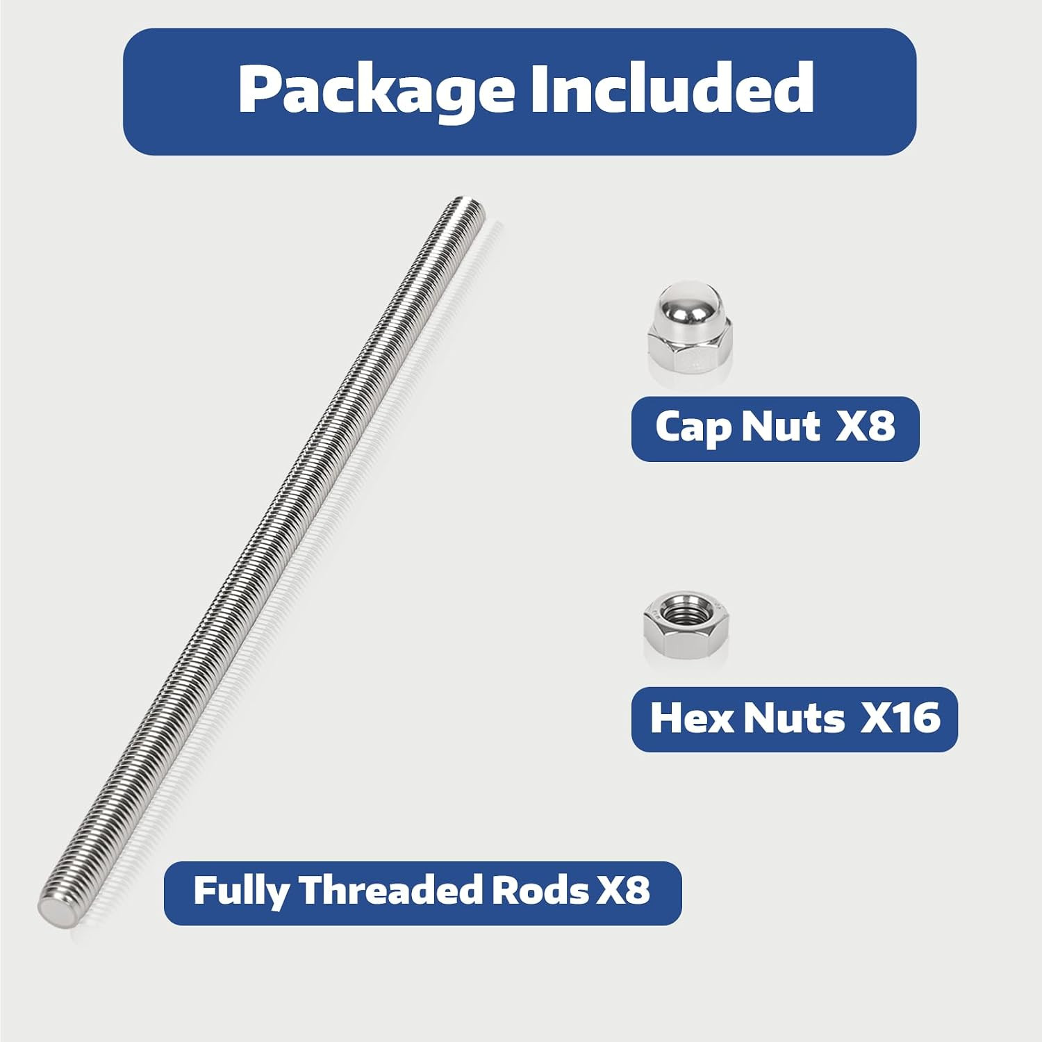 8 Pcs 304 Stainless Steel M10 Fully Threaded Rod,12″(305mm) Long Threaded Rod,Ri