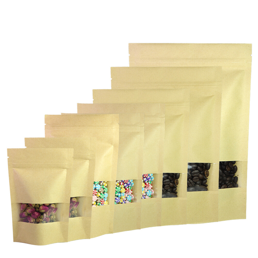 Brown Kraft/Silver/Kraft Stand Up Zip Seal Bags w/Clear Window Variety QTY Sizes