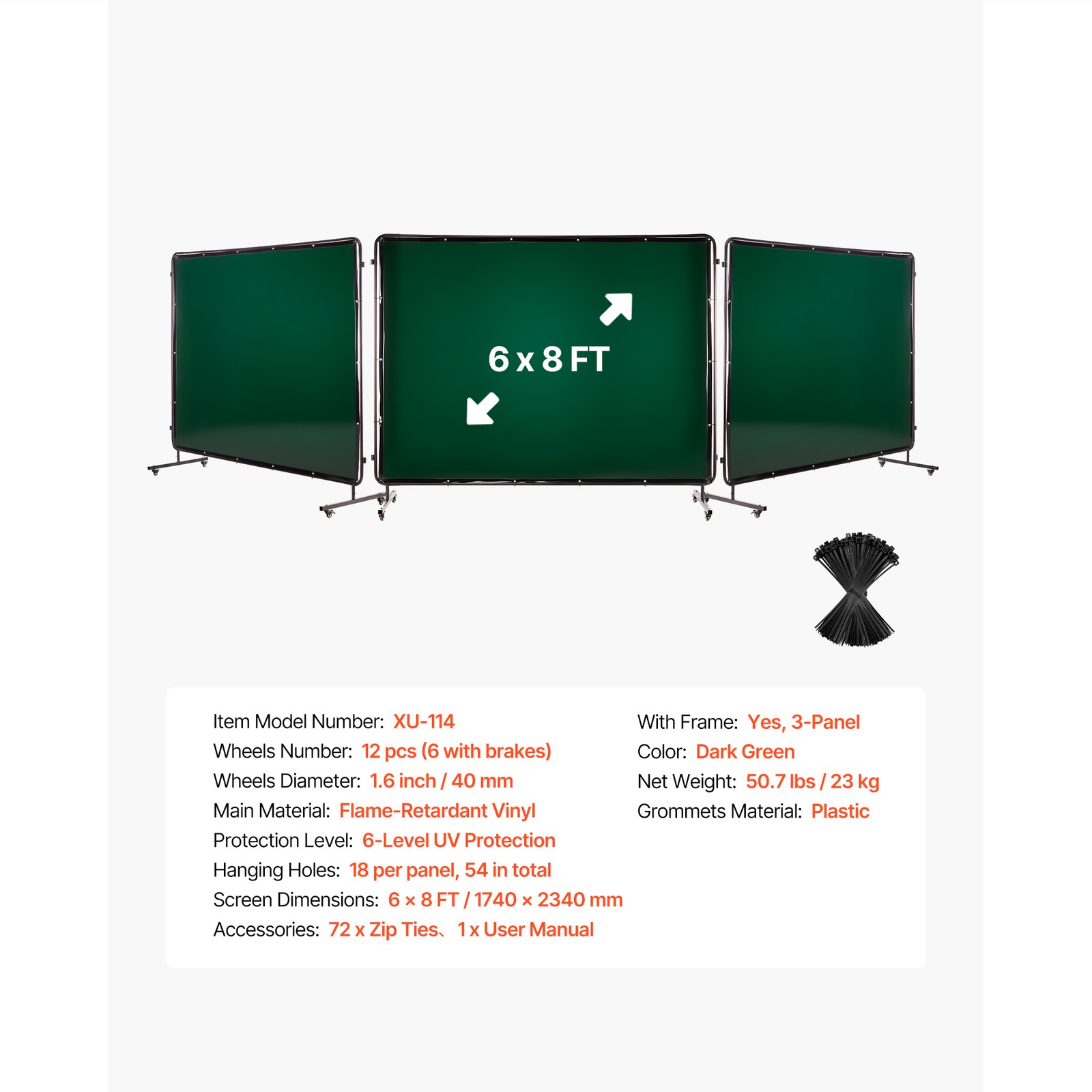 Uimoso 3-Panel Welding Screen with Frame, 6 x 8 FT, Includes 12 Wheels