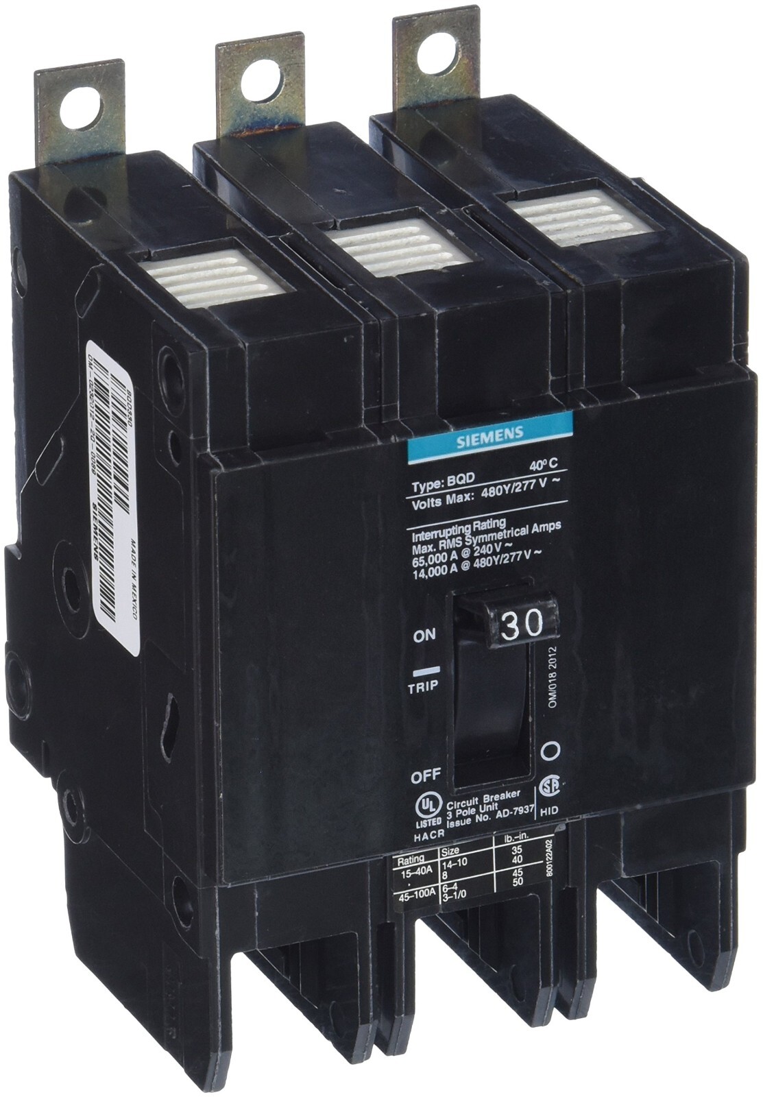 NIB – Siemens – BQD330 – 3PH, 3P, 480V, 30A, 14kA@480V, Bolt-On