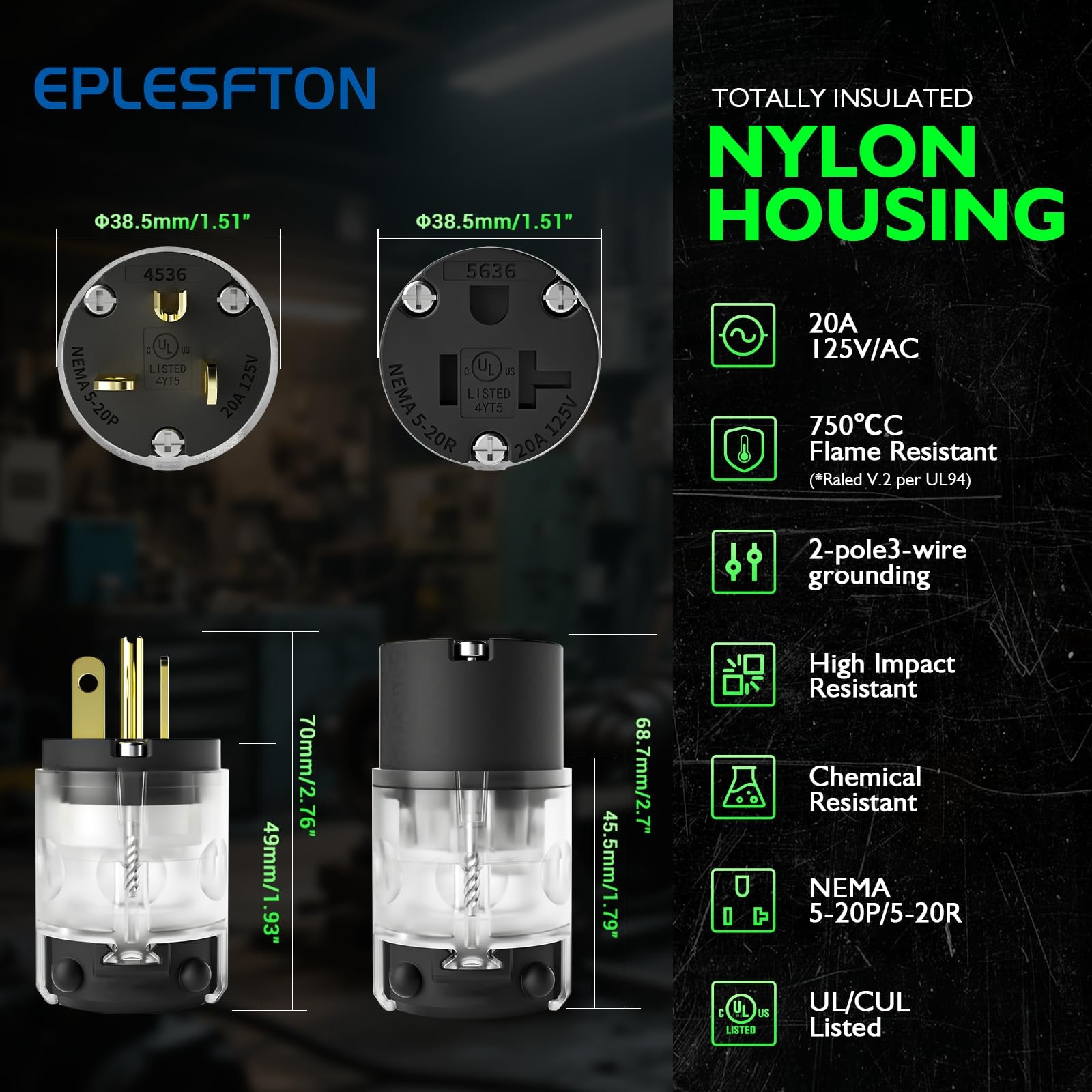 EPLESFTON 4 Set Lighted Cord End Replacement 20A 125V NEMA 5-20P*NEMA 5-20R, …