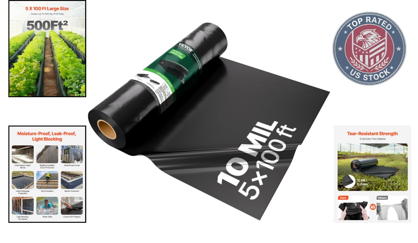 10 Mil Heavy-Duty Plastic Drop Cloth Tarp – 5′ x 100′ Black Vapor Barrier