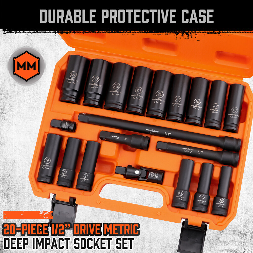 20PC 1/2″ Dr Drive Deep Air Impact Sockets Set Metric 6-Point w/CASE 10mm – 24mm
