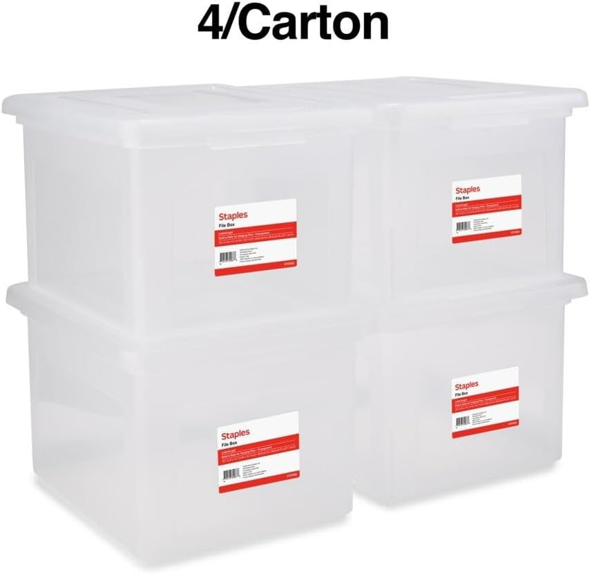 Plastic File Box with Snap Lid, Letter/Legal Size, Clear, 4/Carton | Stackable S