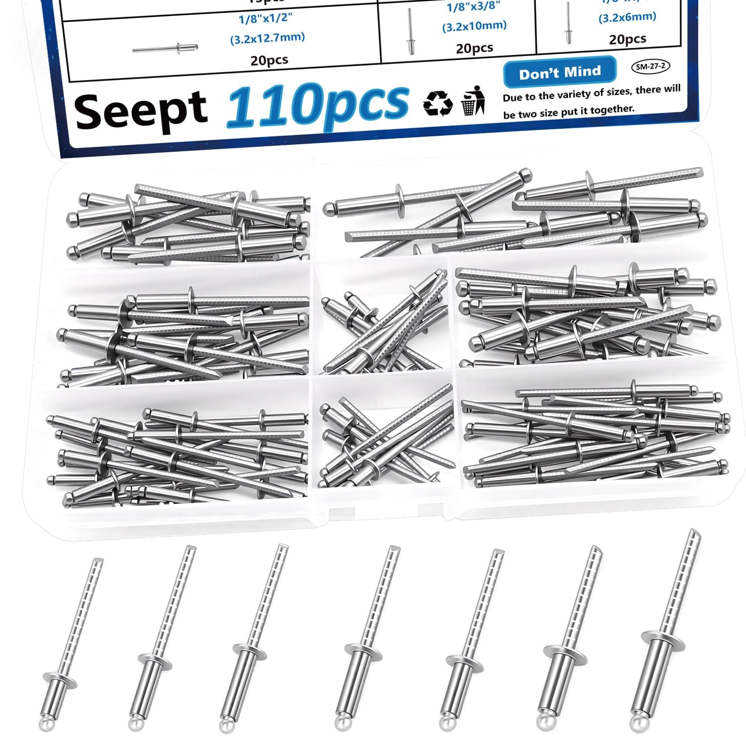 110Pcs Steel Rivets 7-Sizes 304 Stainless Steel Pop Rivets Assortment Kit 1/8″,5