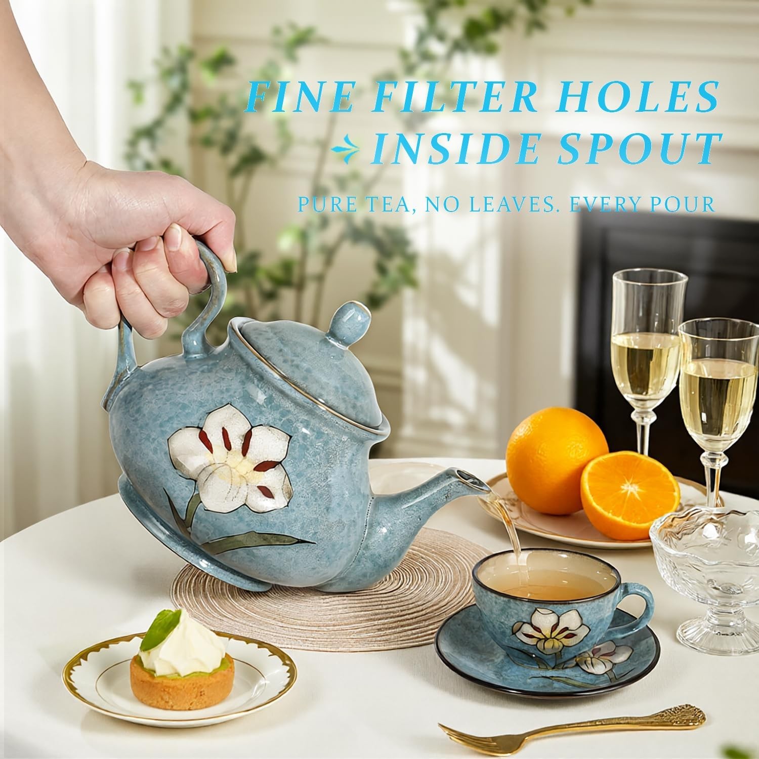 Ceramic Teapot 30 oz, Under-Glaze Hand-Painted Porcelain Tea Pot for Blooming