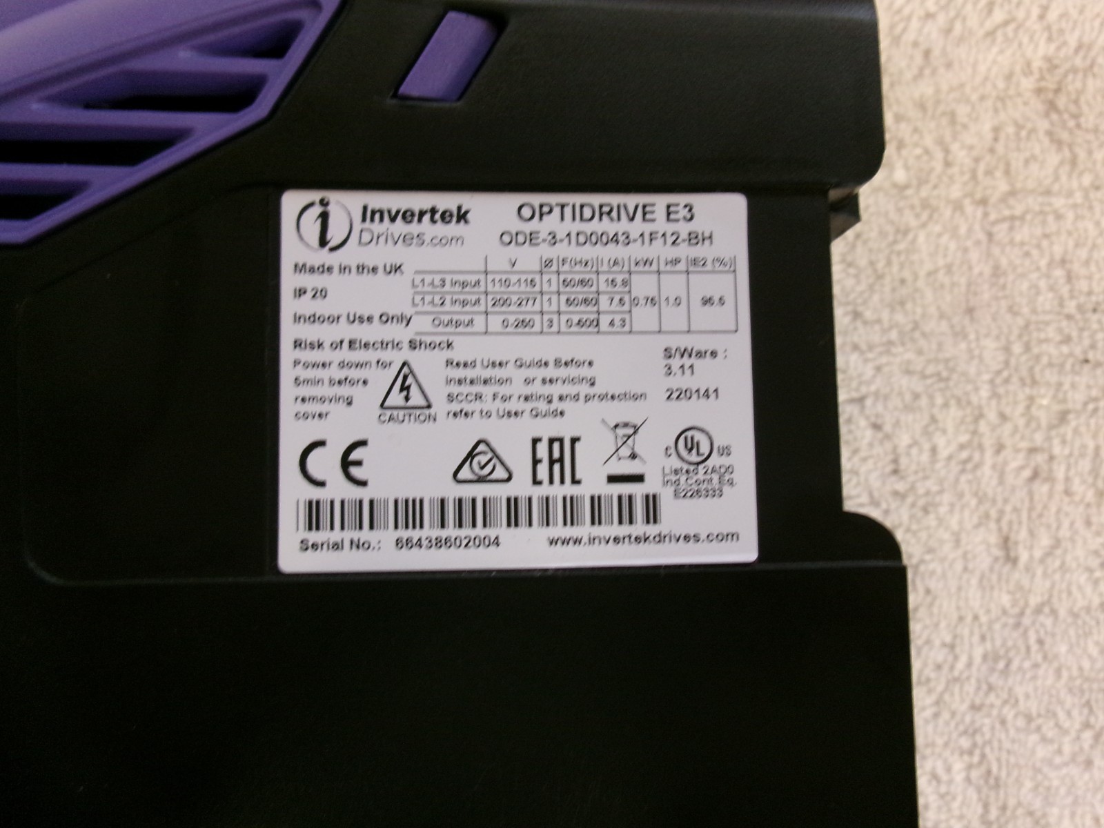 Invertek OPTIDRIVE E3 VFD Drive 1HP 0.75kW ODE-3-1D0043-1F12-BH