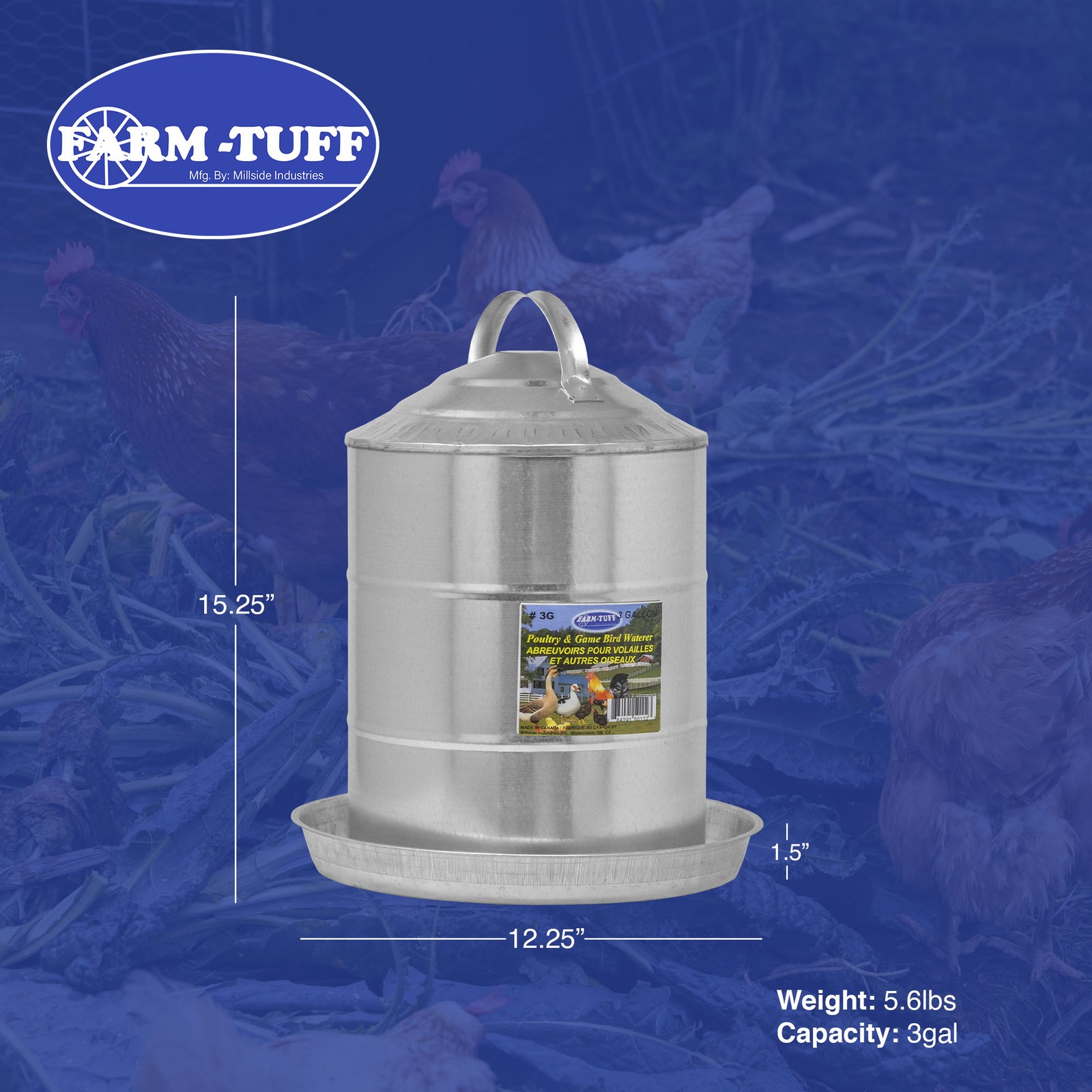 FARM-TUFF Double Wall Cone Top Galvanized Poultry Fountain, 3 Gallon Capacity
