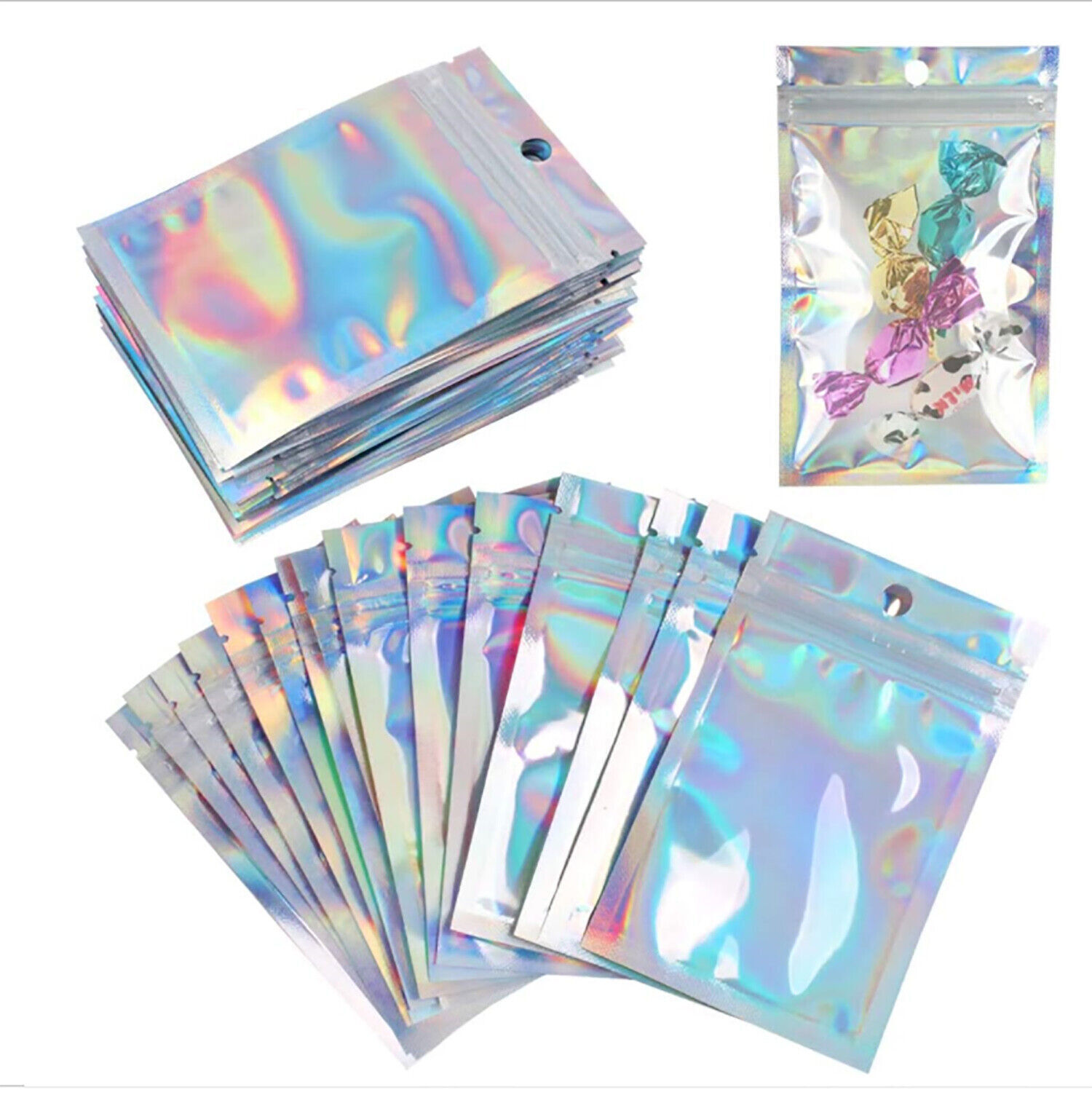 100/200 Pcs Holographic Mylar Foil Bags Resealable Zip Seal Pouches Smell Proof