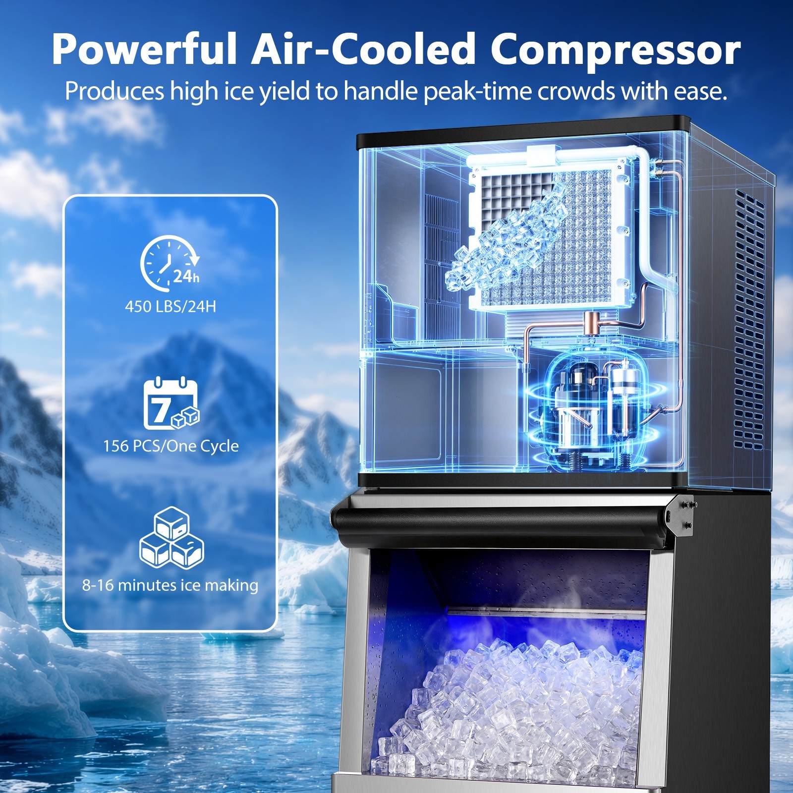 Zomagas Ice Maker 450lbs Daily 250lbs Storage Defrost Self Clean 156 Pcs Cycle