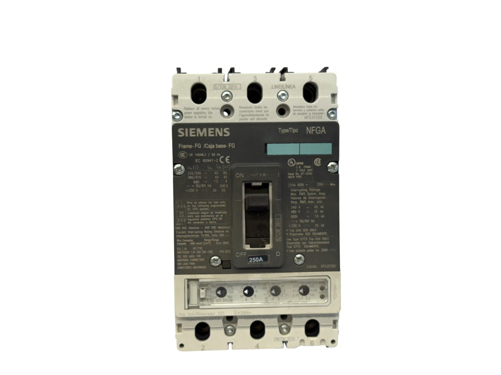 SIEMENS NFG3F250 CFT3T250 TRIP UNIT 250A 3-PHASE 3-POLE 600V 35KA BOLT-ON NEW