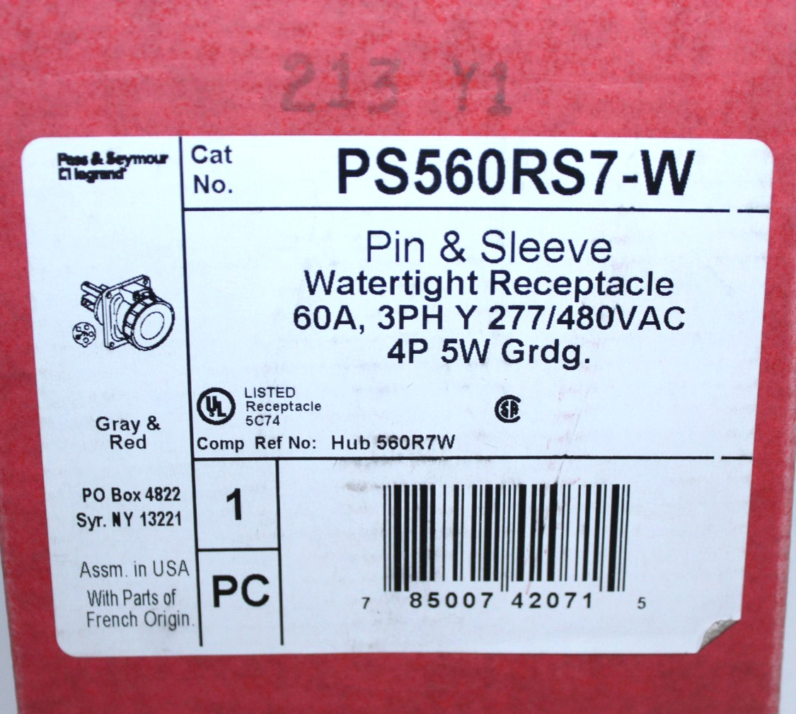 ⭐NEW IN BOX⭐ PS 560R7W 60-Amp RECEPTACLE 277/480V 60A 4P 5W HBL560R7W 🔴USA🔵