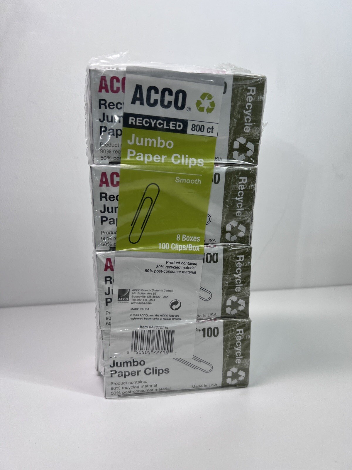 Lot of 800 Acco Recycled Jumbo Paper Clips Smooth Silver Finish 72715 100/Box