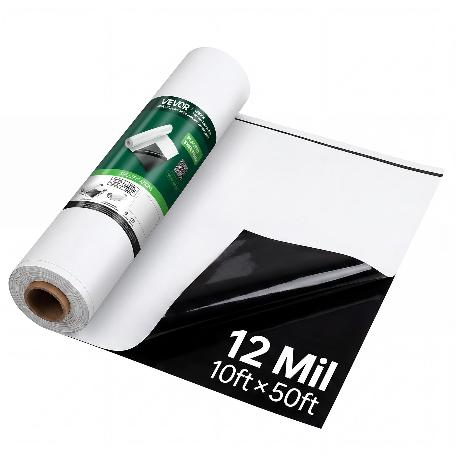 VEVOR 12 Mil Plastic Sheeting Roll 10×50 ft Heavy Duty Polyethylene Black/White