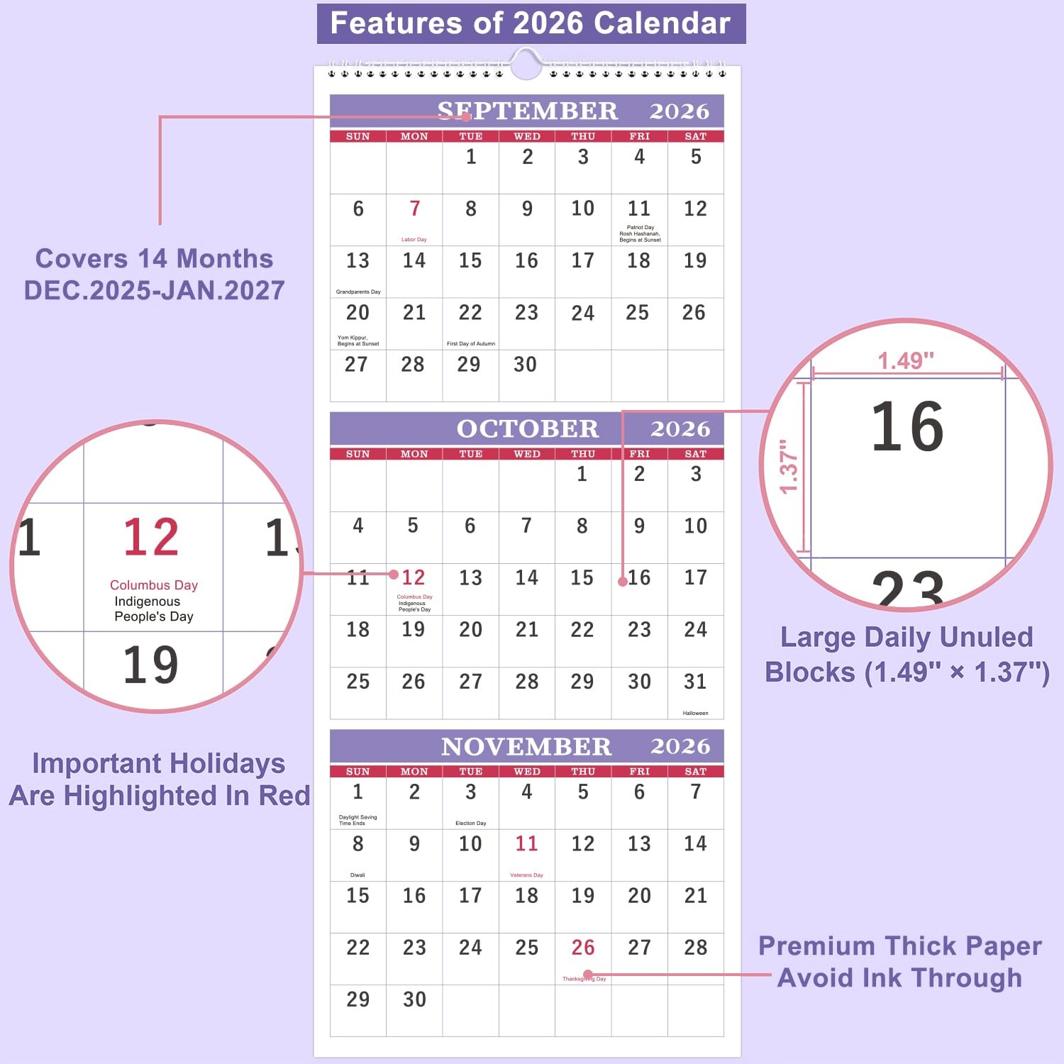 2026 Wall Calendar – 3 Month 2026 Display 3 Month, Purple