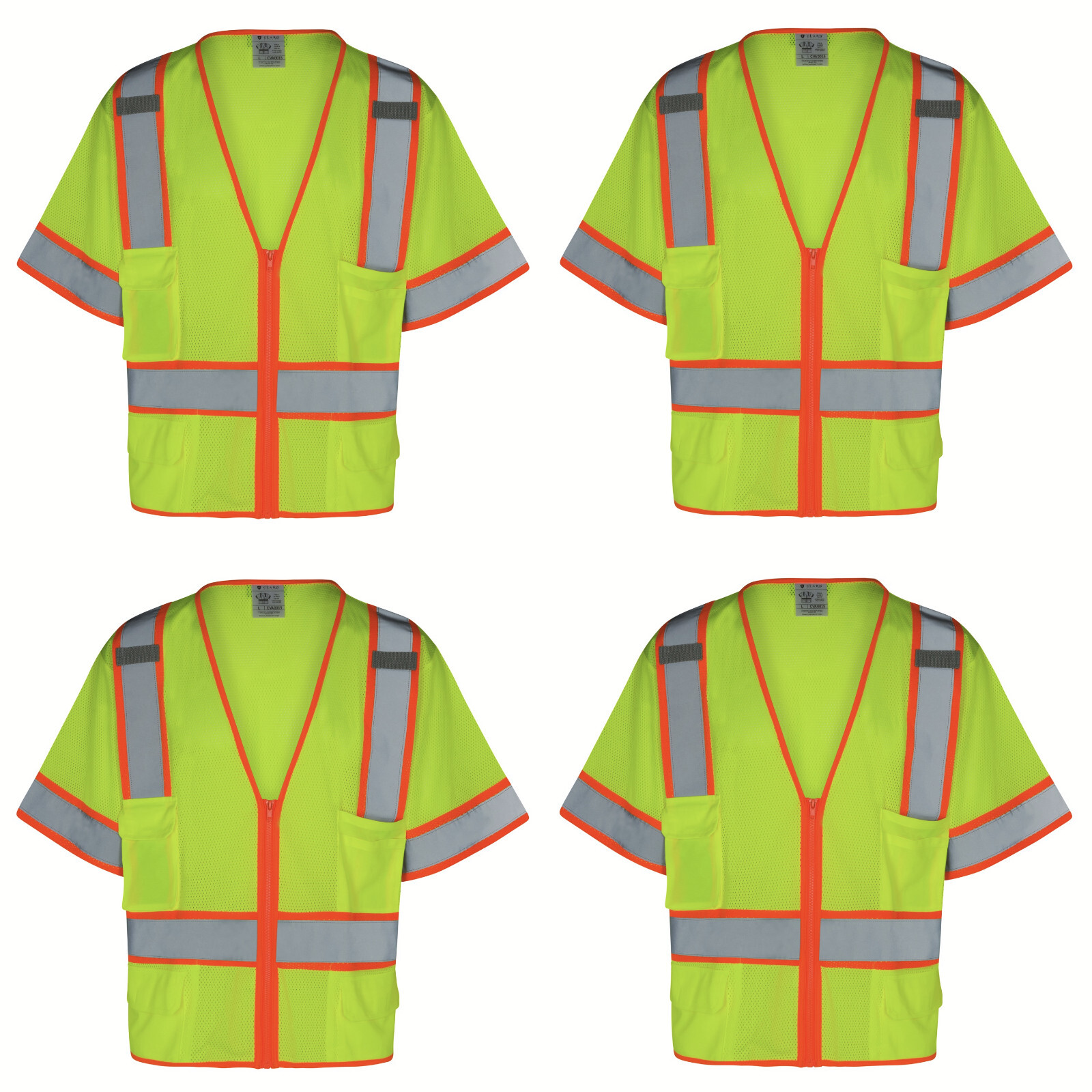 4 Pack Everyday ANSI Class 3 with Contrast- 6 Pockets Short Sleeve Zipper Vest
