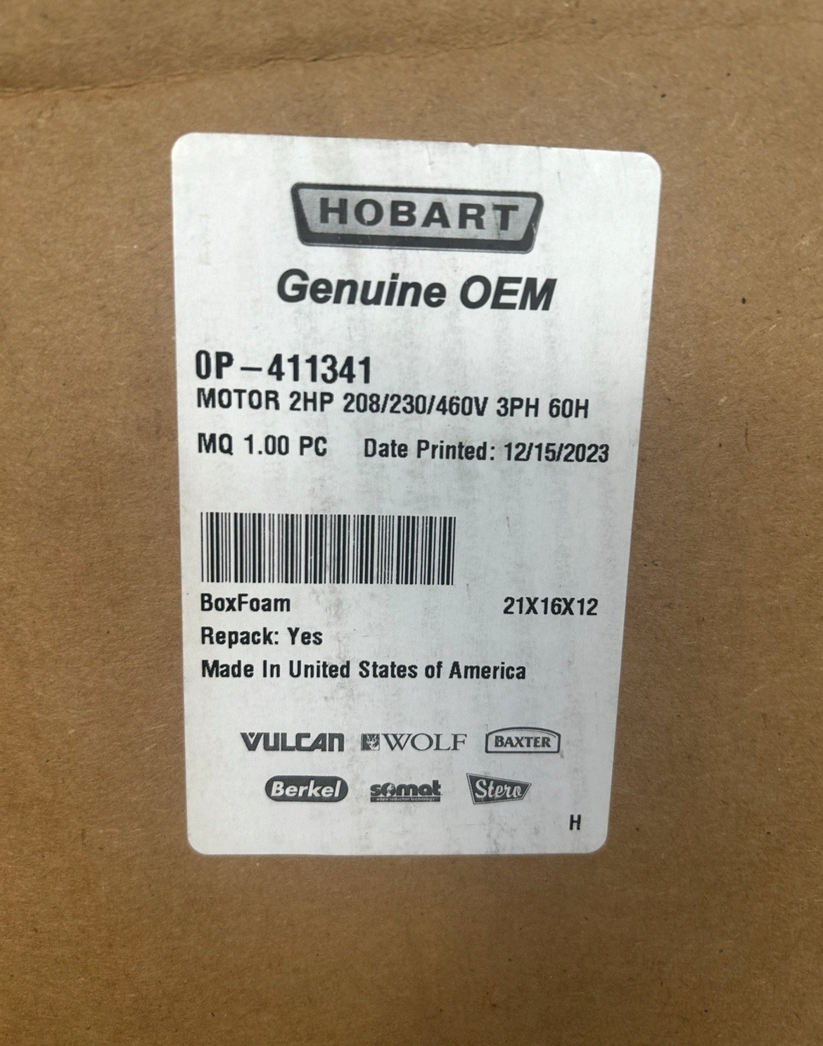 Hobart OP-411341 2HP Three Phase Motor 208/230/460V