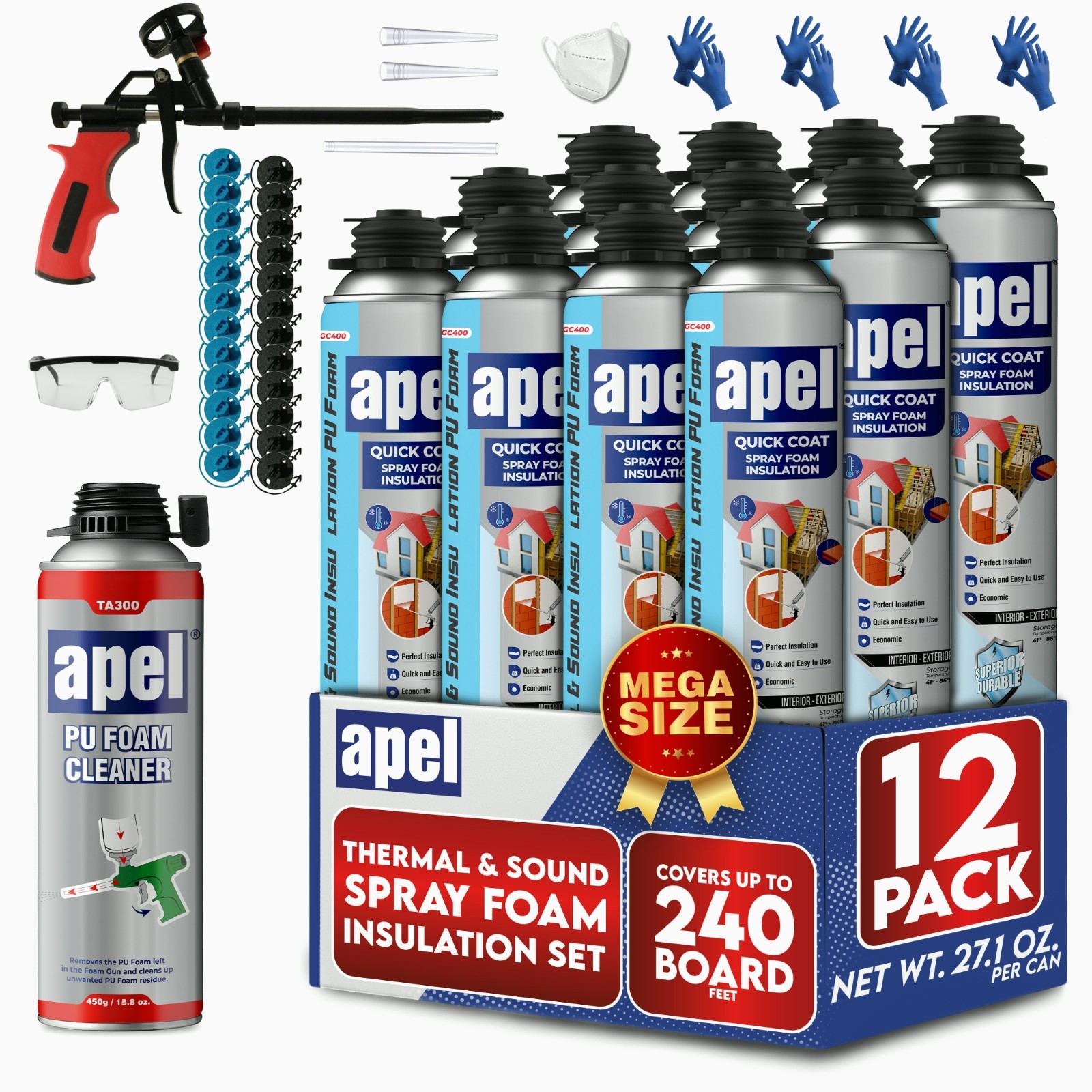 Apel Spray Foam Insulation Kit (12 x 32.80 oz./240 Bd ft) Heat and Acoustic Insu