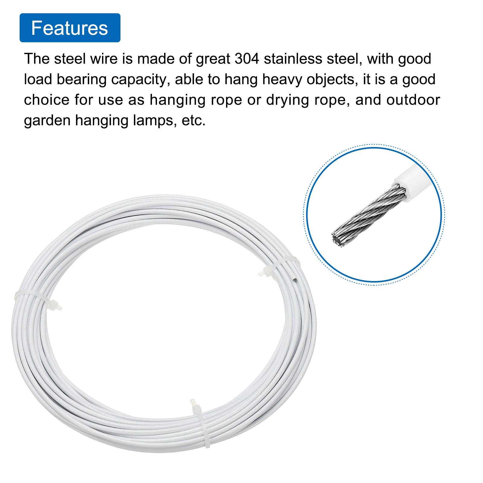 33Ft(10M) Wire Rope Stainless Steel Cable 1/12″ 4pcs Sleeves & Thimble White