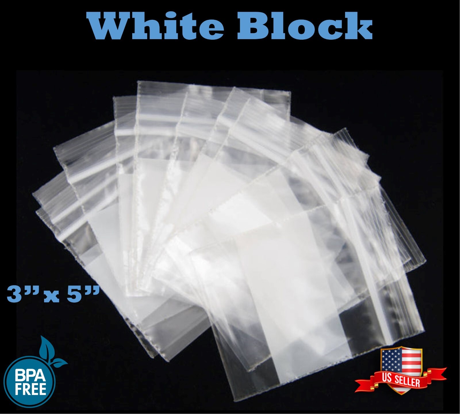 3″ x 5″ White Block Zip Seal Bags Reclosable Top Lock 2Mil or 4Mil Heavy Duty