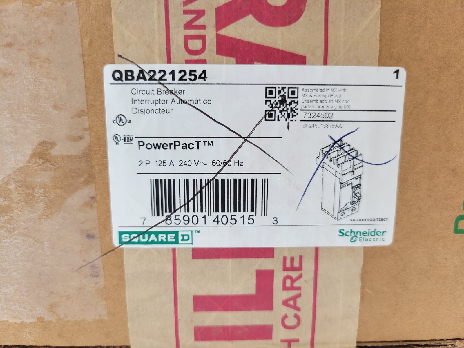 Square D QBA221254 PowerPact I-Line Circuit Breaker 125A 2P 240V 10KA QBA Green