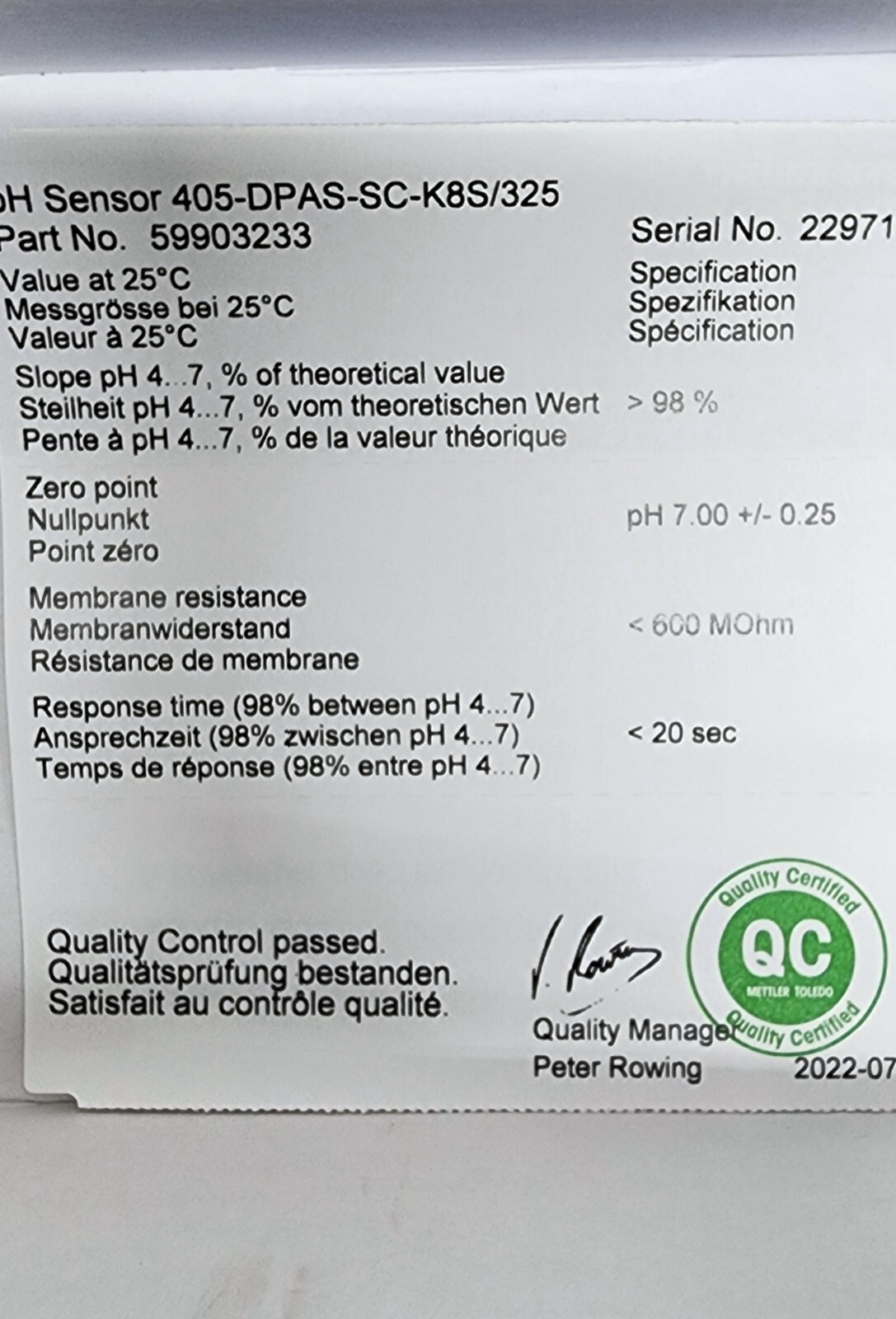 Mettler Toledo PH Sensor Combination pH-Electrode 405-DPAS-SC-K8S-325