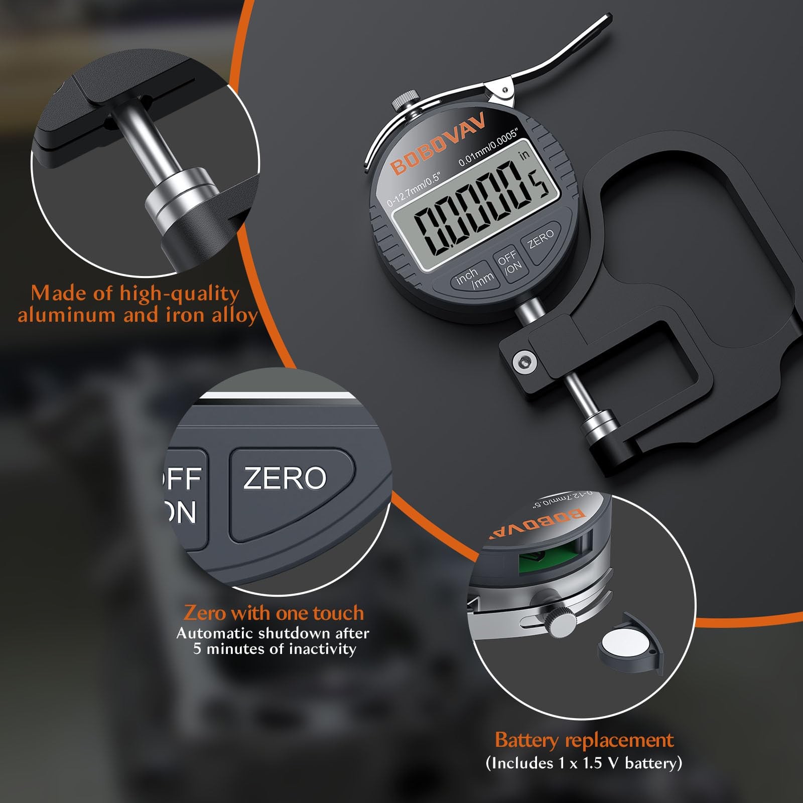 Digital Thickness Gauge 0.5 Inch/12.7mm Meter 0.0005 Inch/0.01mm LCD Tool