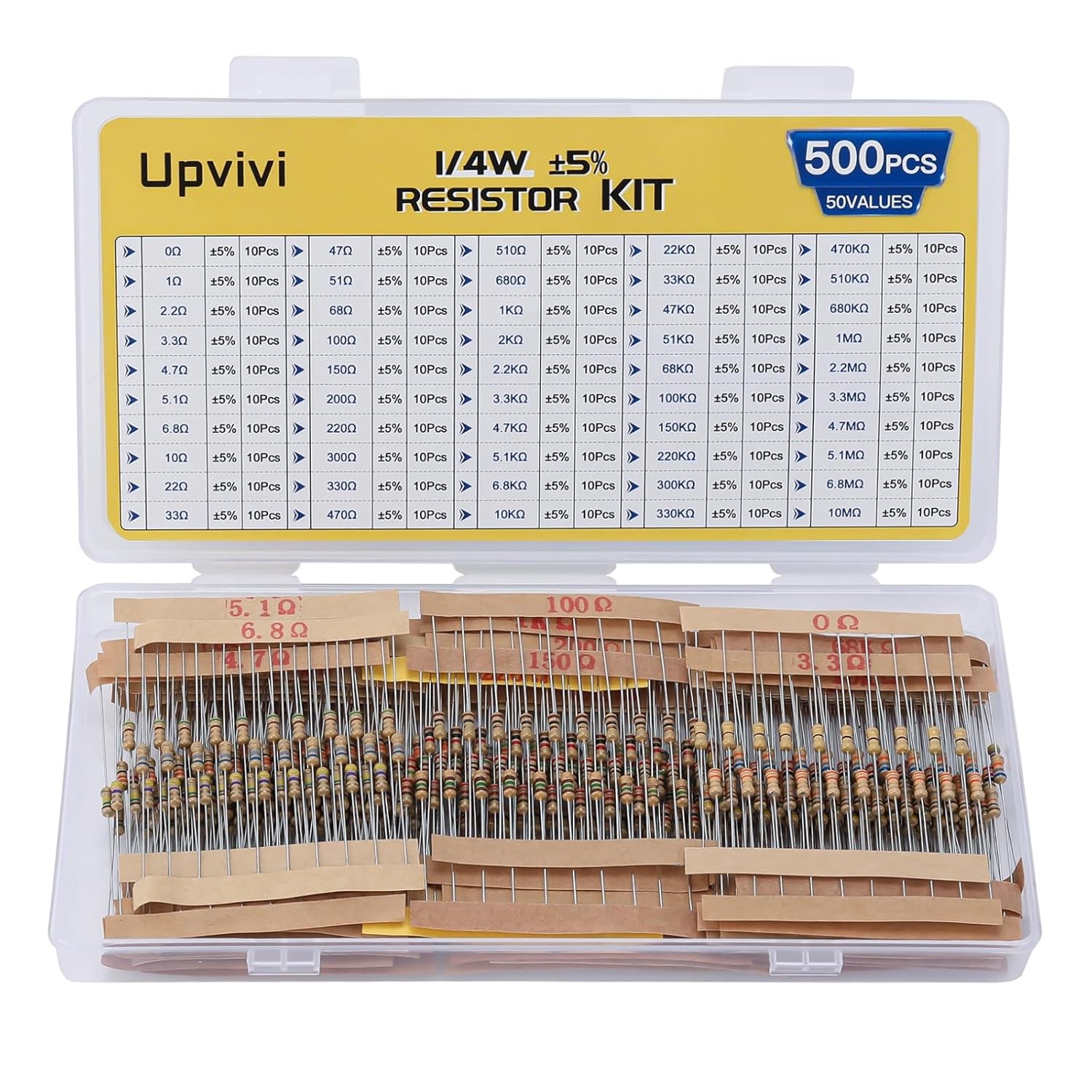 Resistor Assortment Kit – 50 Values, 1/4W 0 to 10M Carbon Film Resistors, 500 Pc