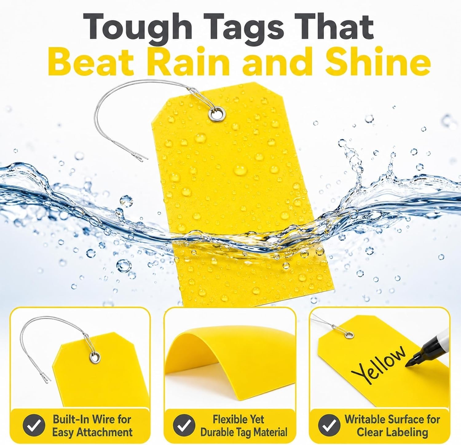 100Pcs Yellow Plastic Shipping Tags with Wire Waterproof ID Inventory Labels