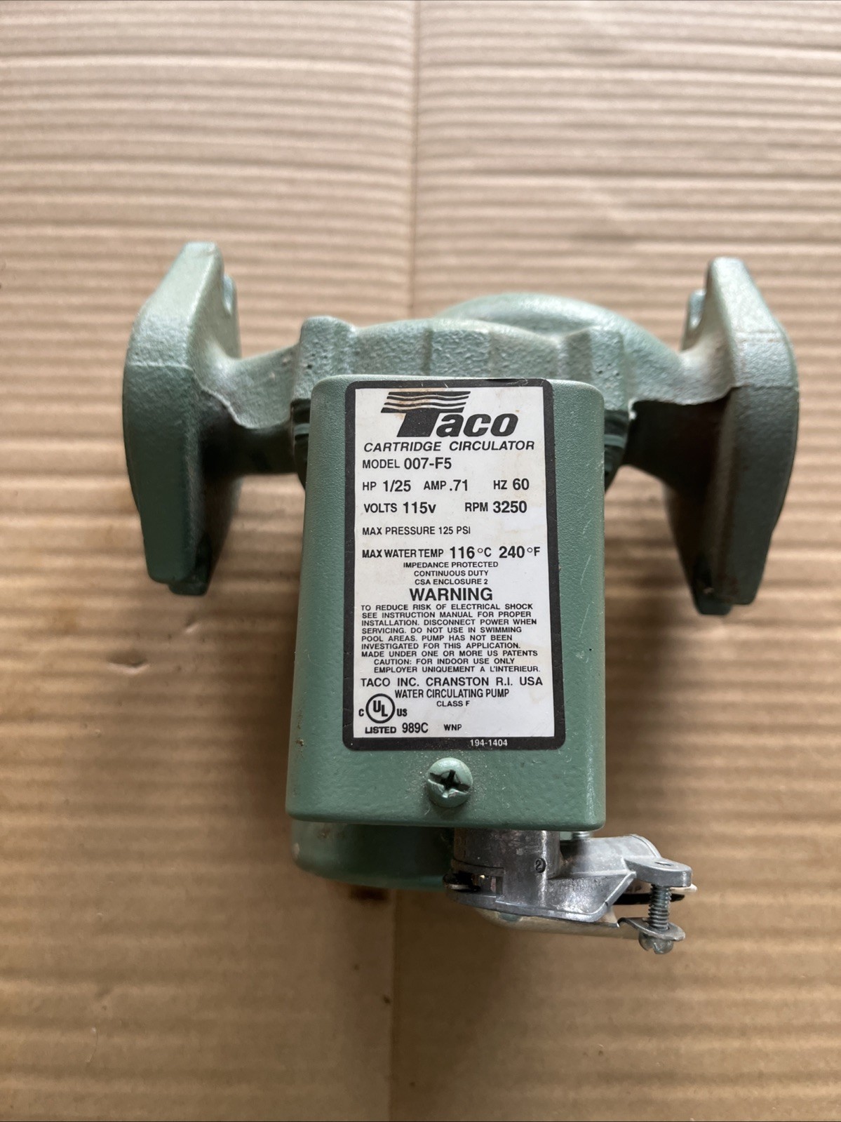 Not Tested. Taco 007-F5 Cast Iron Circulator, 1/25 HP