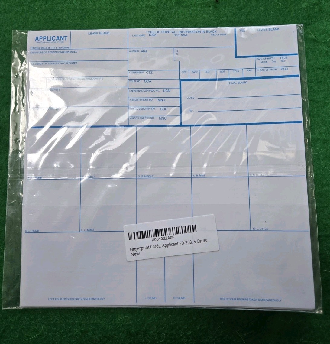 5 Fingerprint Cards FBI Applicant FD-258 1st Choice Livescan Fingerprinting NEW