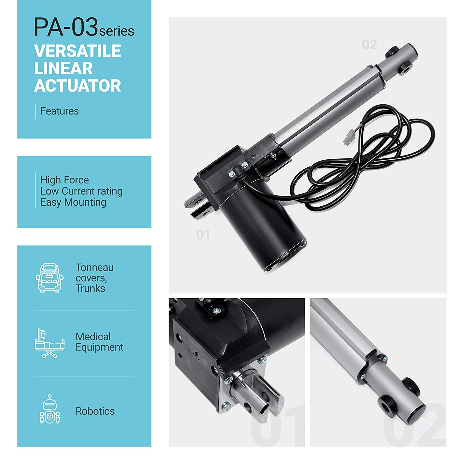 12V Linear Electric Actuator (4″-24″ stroke, 200-600 lbs. force) – PA-03 model