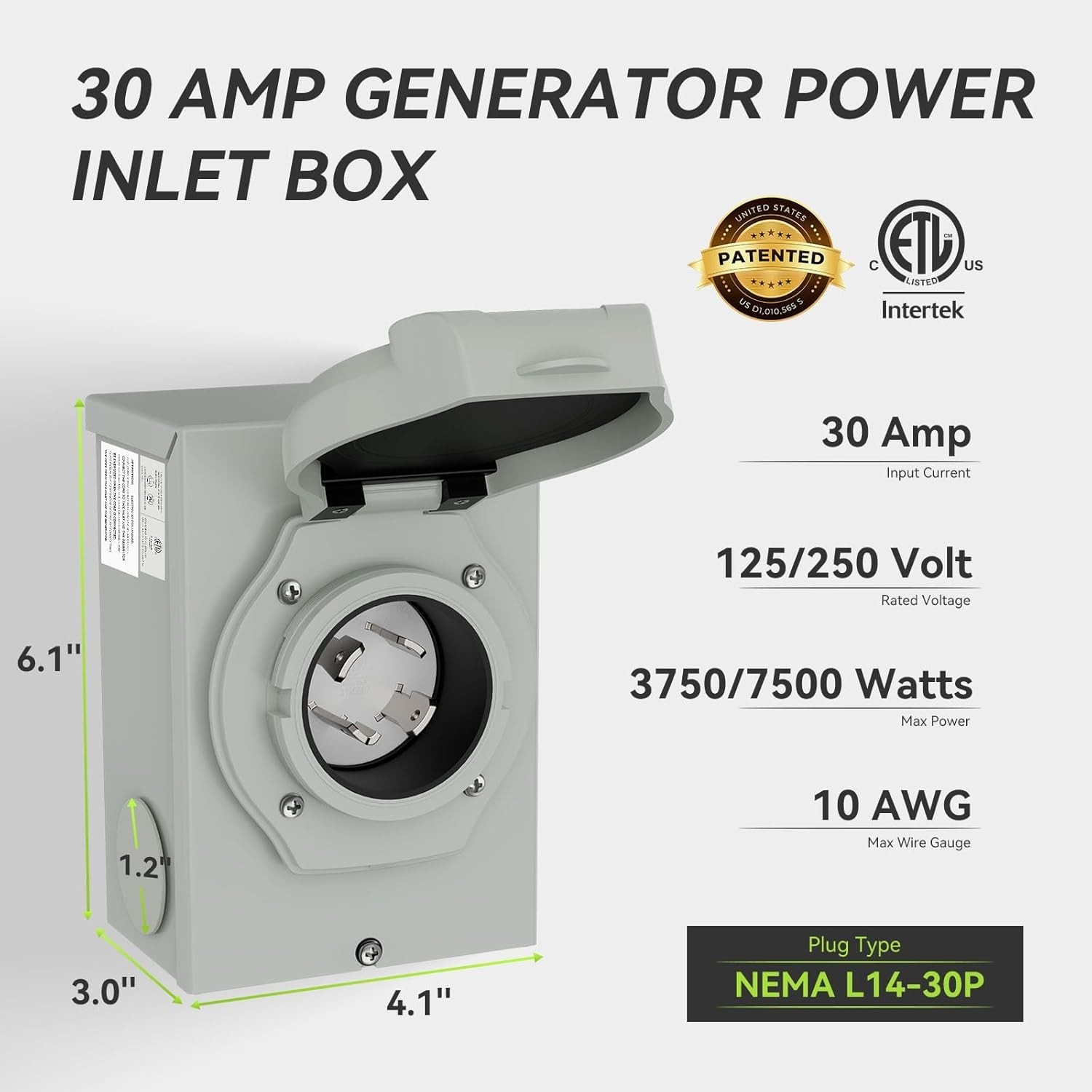 Certified 30A Generator Inlet Box with Safety Indicator & Anti-Rust Finish