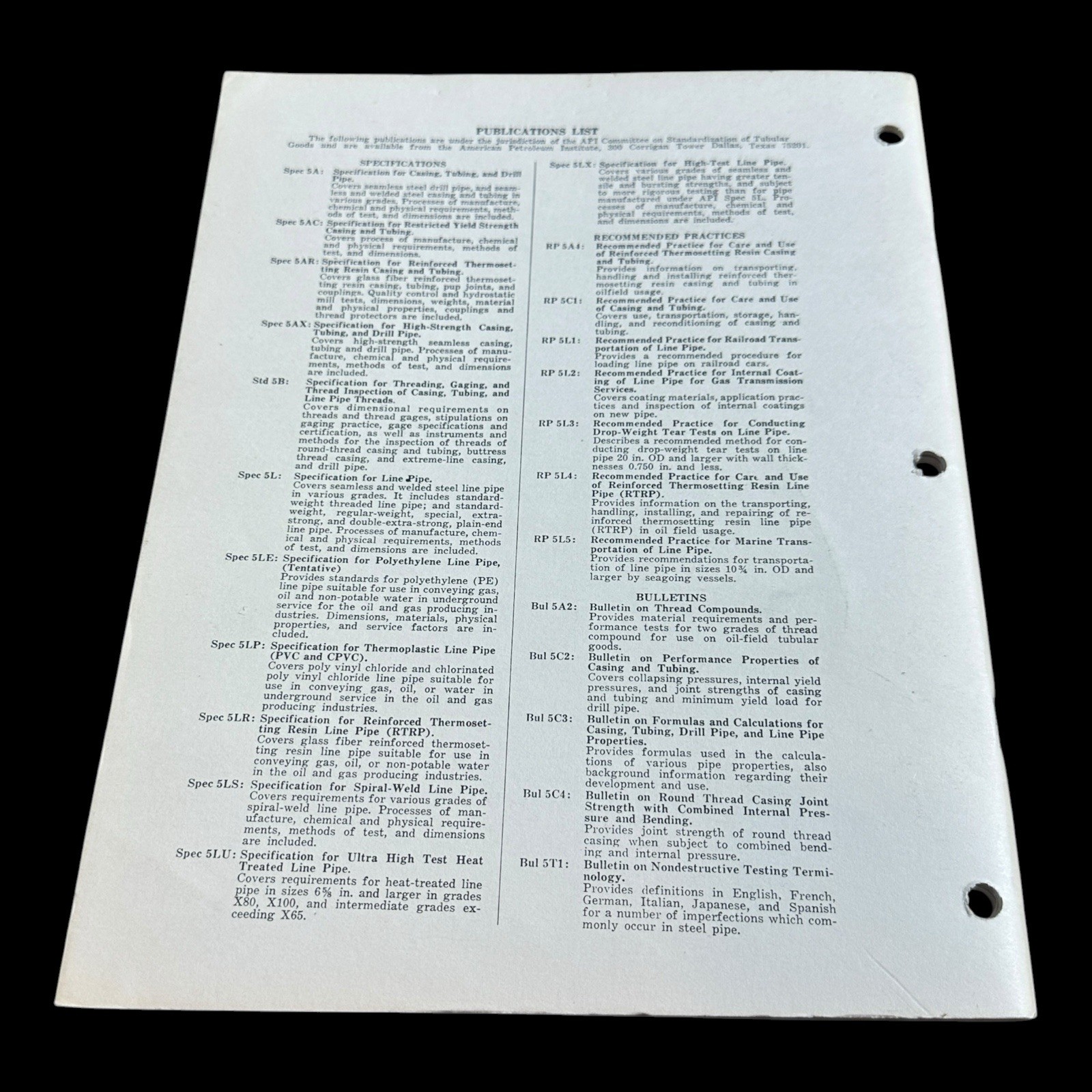 API Spec 5L Specification for Line Pipe 30th Edition March 1978 Manual