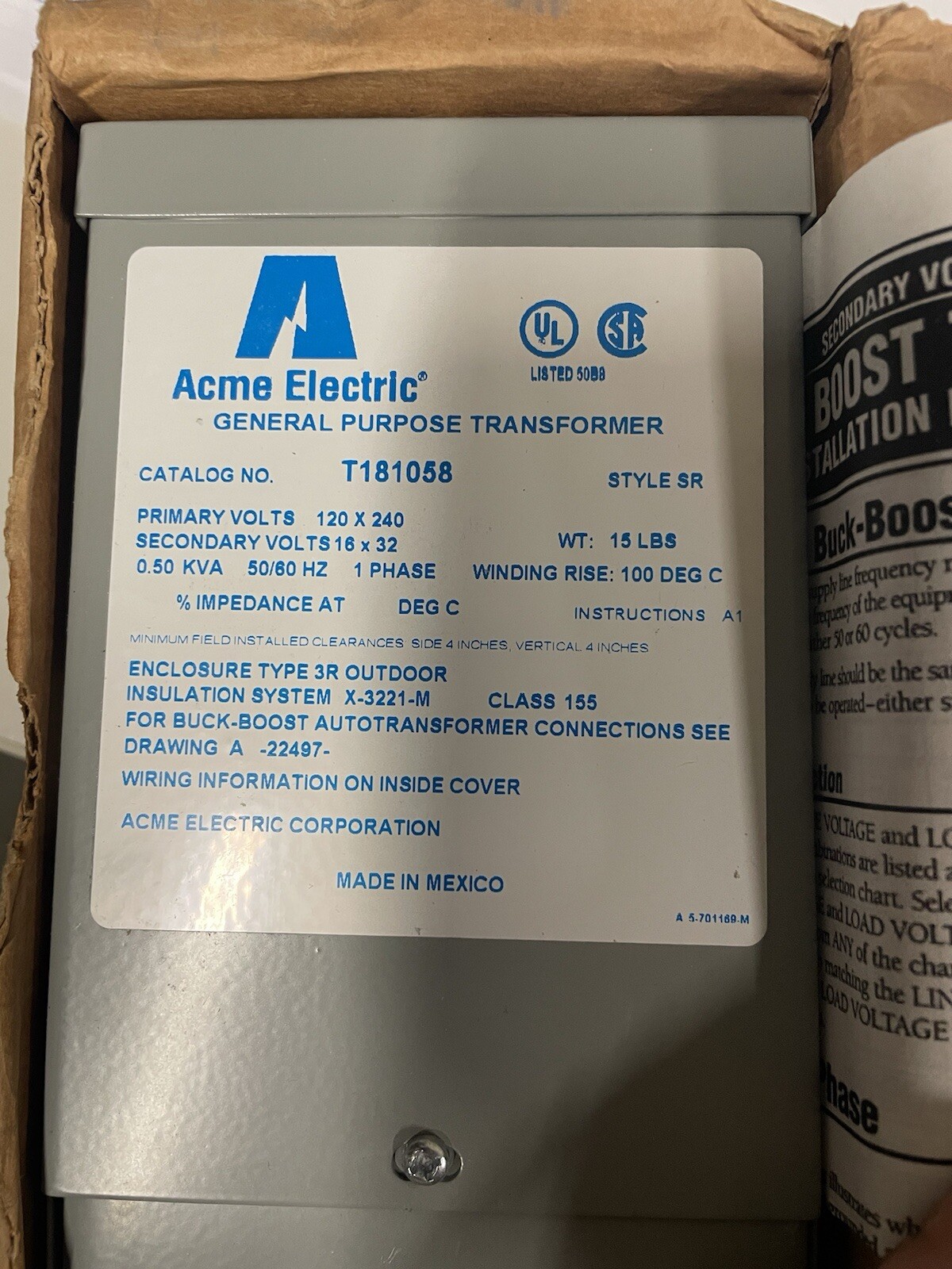 ACME Electric Transformer T181058 120/240VAC 50/60Hz 500V