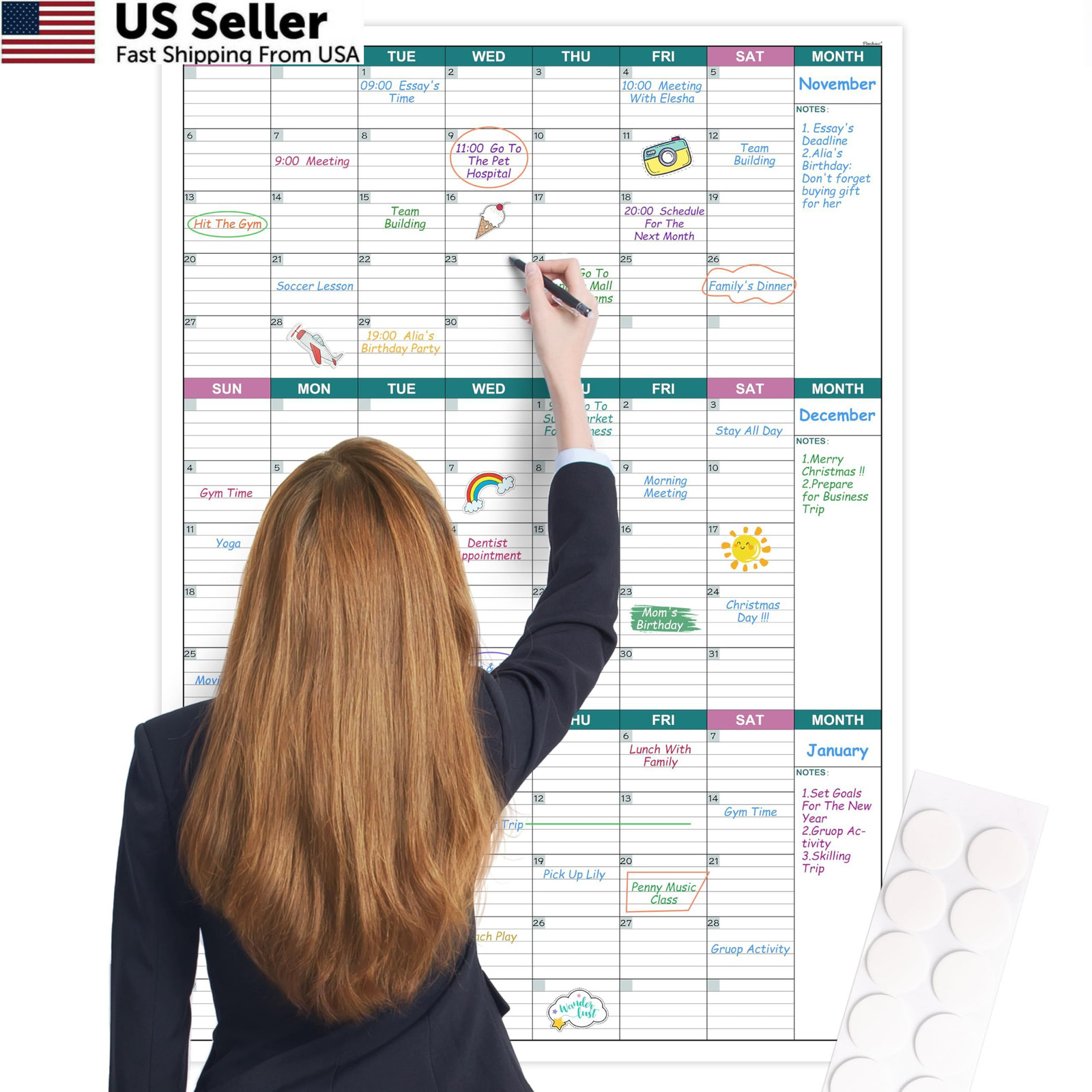 Large Dry Erase Calendar for Wall – Undated 3 Month 28″ x 40″, Green