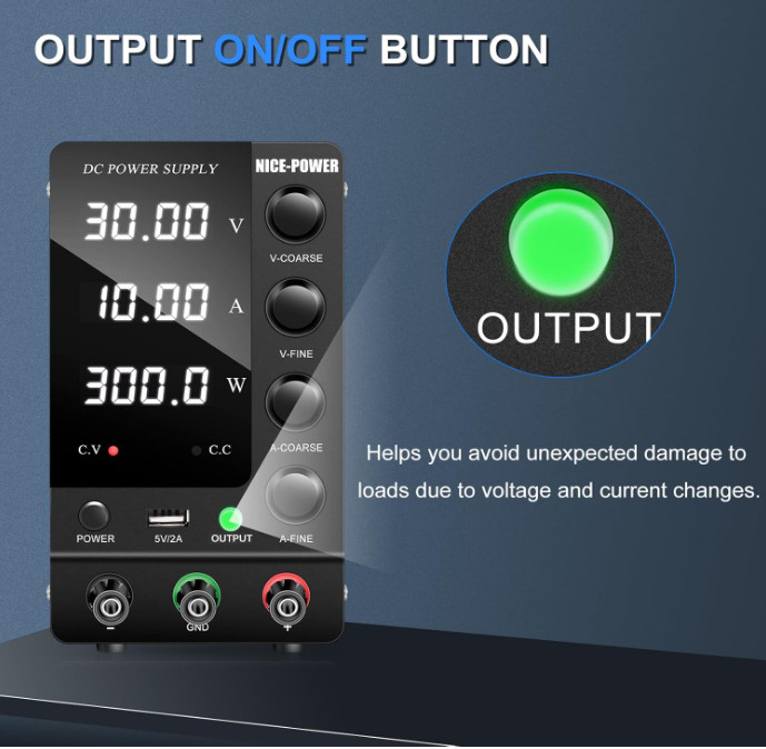Fuente de Alimentación DC Ajustable 30V 10A con Pantalla LED y Puerto USB 5V, r