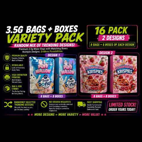Mylar Bag & Box Combo Variety Pack Mix & Match 3.5G Holographic Designs 16-128Pk