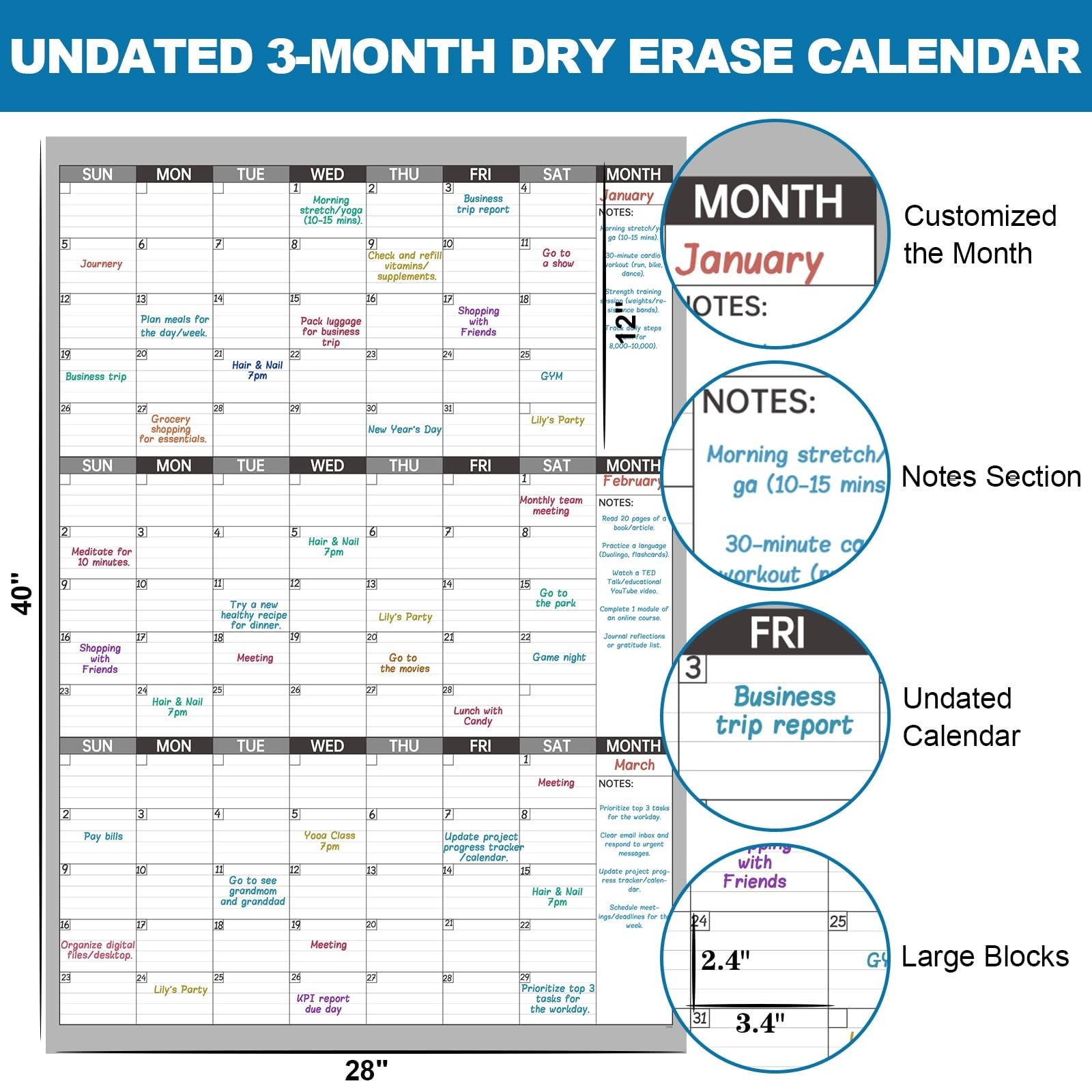 Large Dry Erase Calendar for Wall – Undated 3 Month Wall Calendar, 28″ x 40″(…