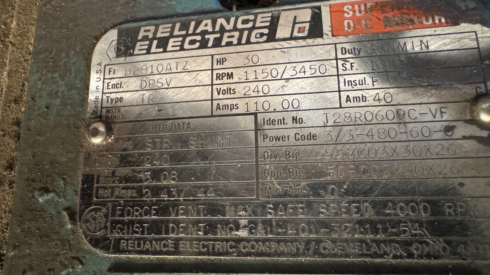 Reliance B2810ATZ 30 HP DPSV 1150/3450 RPM 240 Volts 30 HP