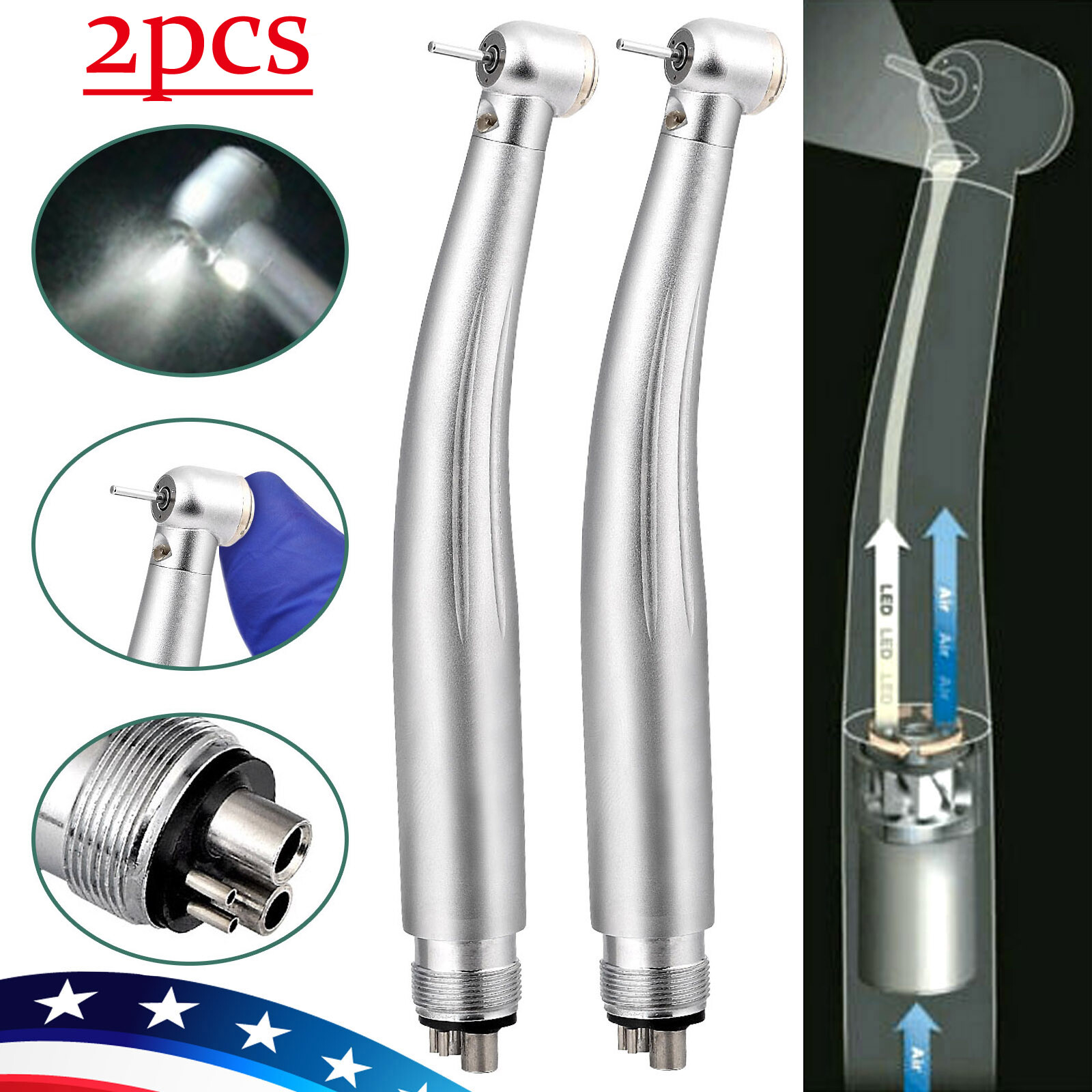 2pcs Dental Fiber Optic High Speed Turbine LED E-generator Handpiece 4 Holes